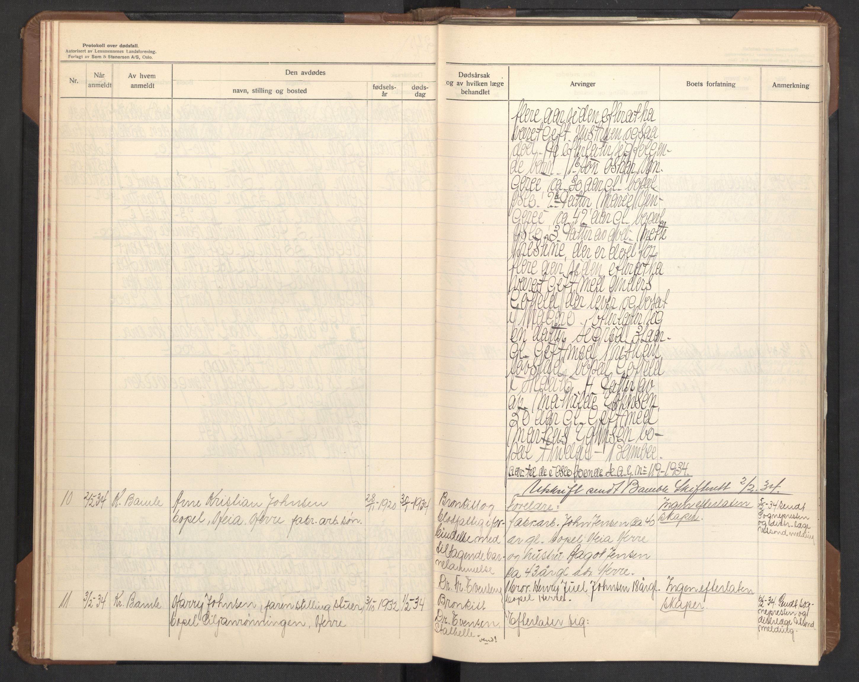 Bamble lensmannskontor, AV/SAKO-A-552/H/Ha/Haa/L0006: Dødsfallsprotokoll, 1932-1938