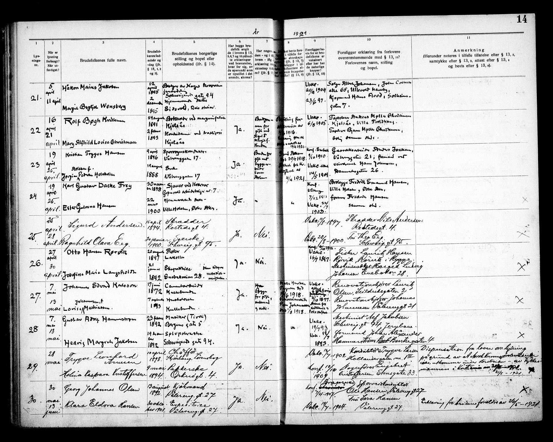 Vålerengen prestekontor Kirkebøker, AV/SAO-A-10878/H/Ha/L0003: Banns register no. 3, 1919-1932, p. 14