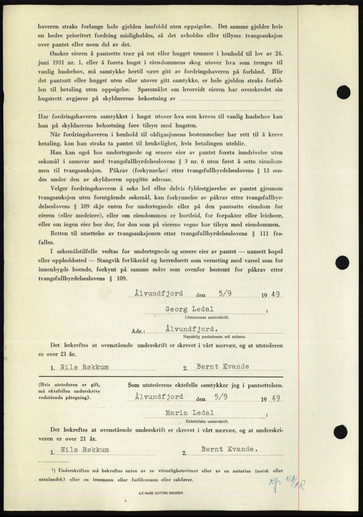 Nordmøre sorenskriveri, AV/SAT-A-4132/1/2/2Ca: Mortgage book no. B102, 1949-1949, Diary no: : 2518/1949