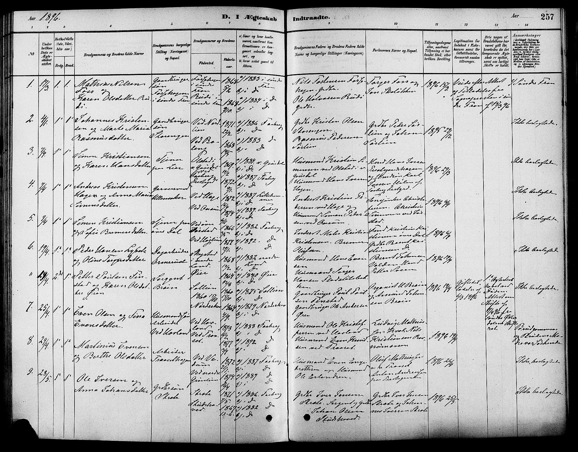 Fåberg prestekontor, SAH/PREST-086/H/Ha/Haa/L0008: Parish register (official) no. 8, 1879-1898, p. 257