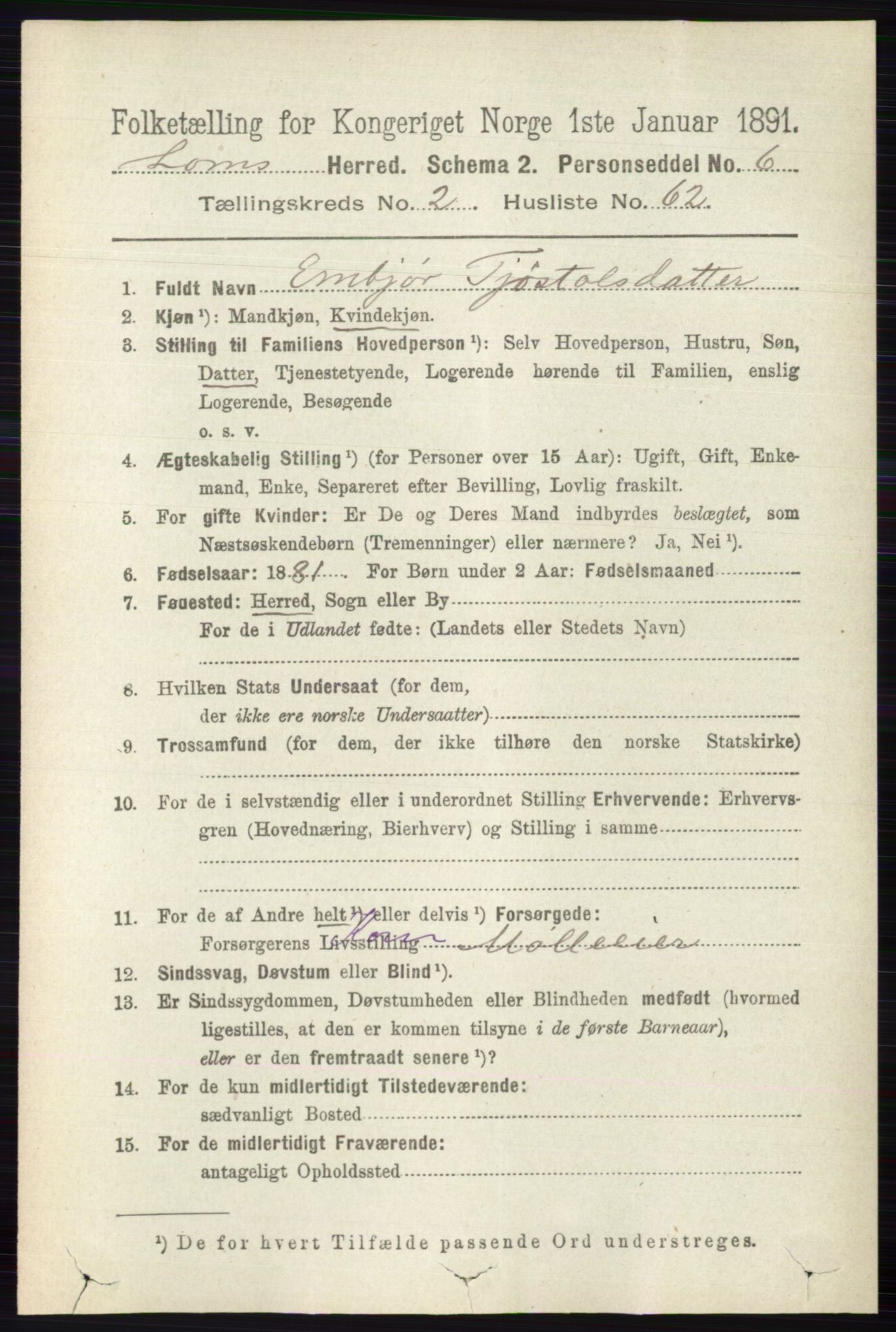 RA, 1891 census for 0514 Lom, 1891, p. 1211