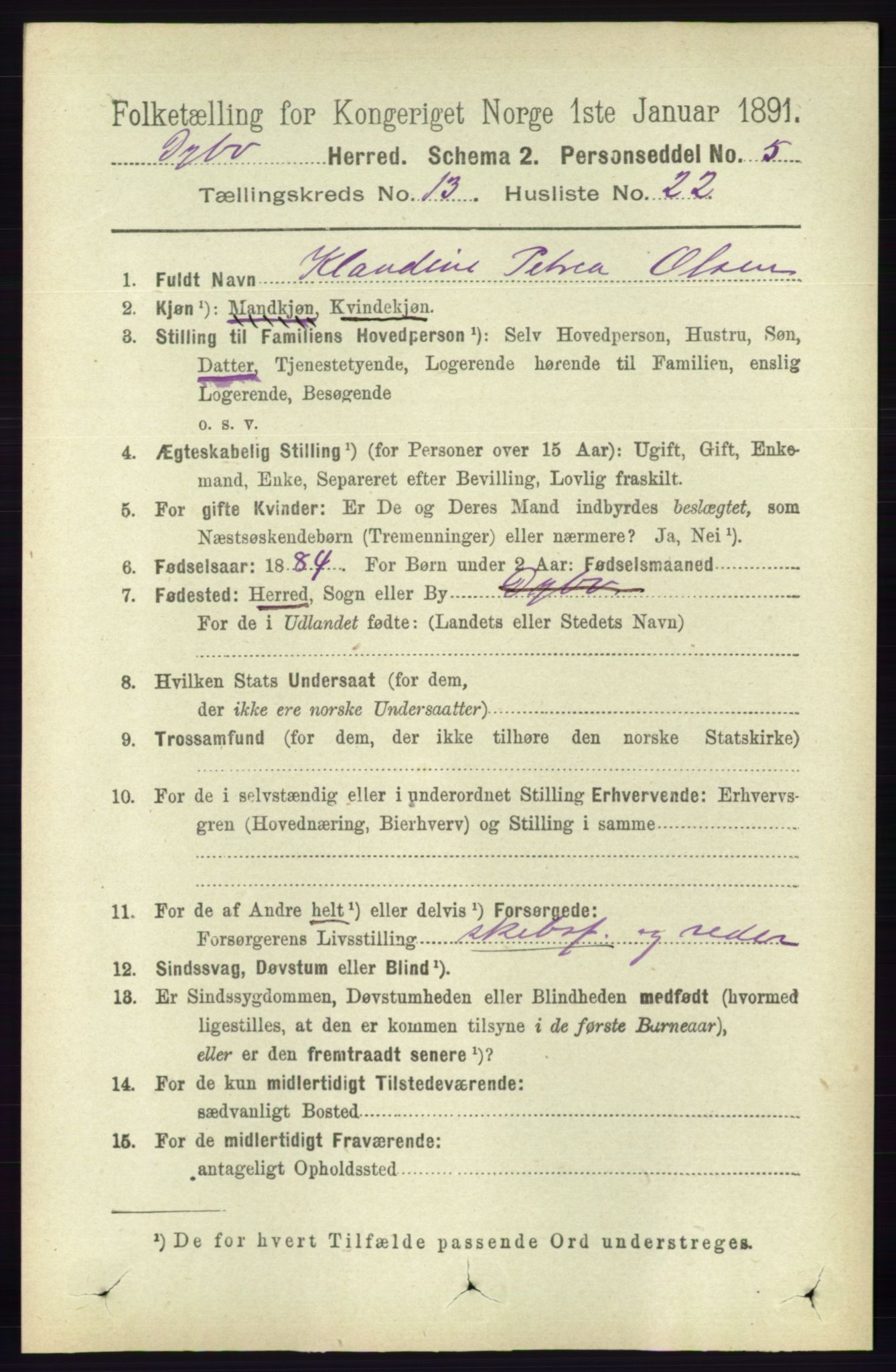 RA, 1891 census for 0915 Dypvåg, 1891, p. 5437