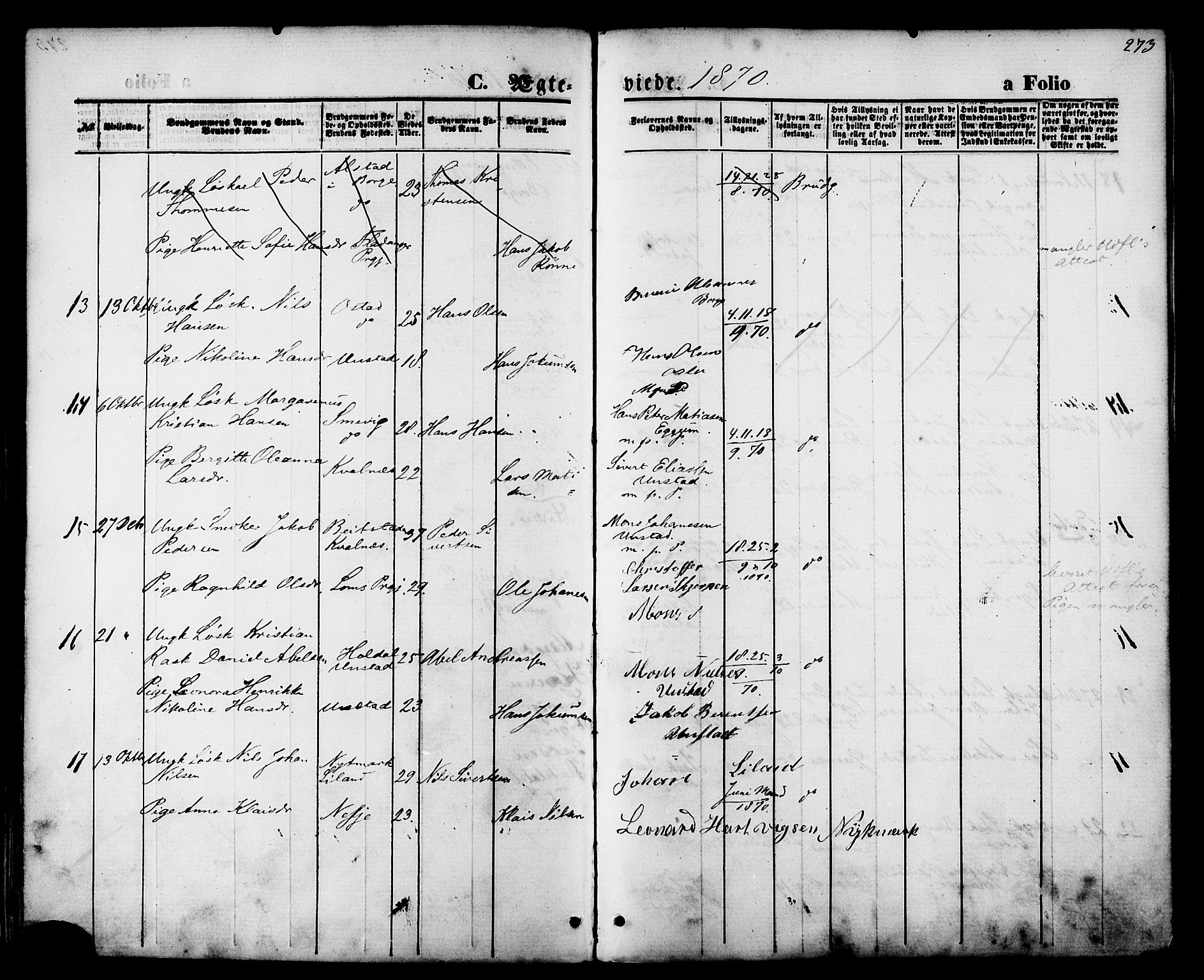 Ministerialprotokoller, klokkerbøker og fødselsregistre - Nordland, AV/SAT-A-1459/880/L1132: Parish register (official) no. 880A06, 1869-1887, p. 273