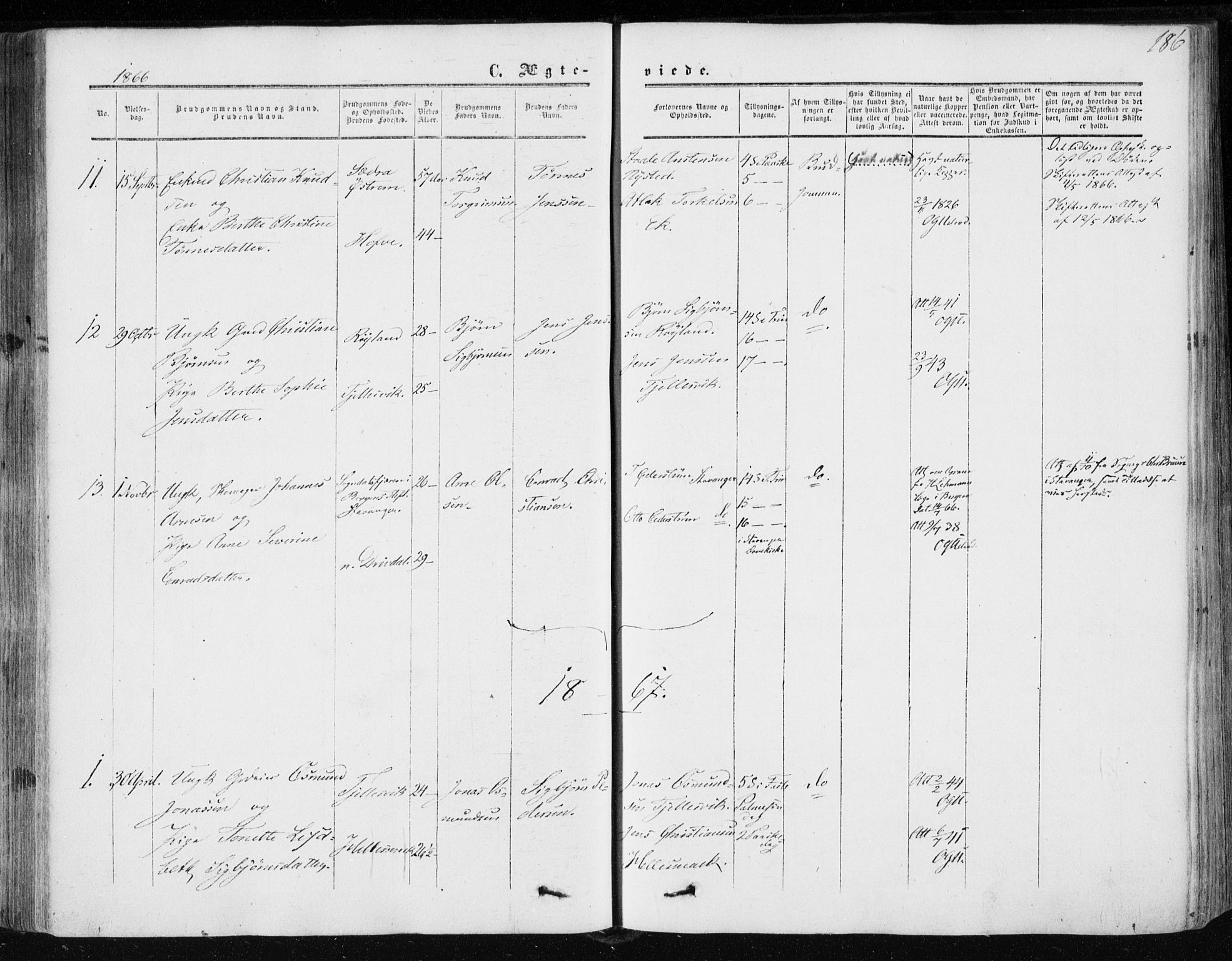 Lund sokneprestkontor, AV/SAST-A-101809/S06/L0009: Parish register (official) no. A 8, 1853-1877, p. 186