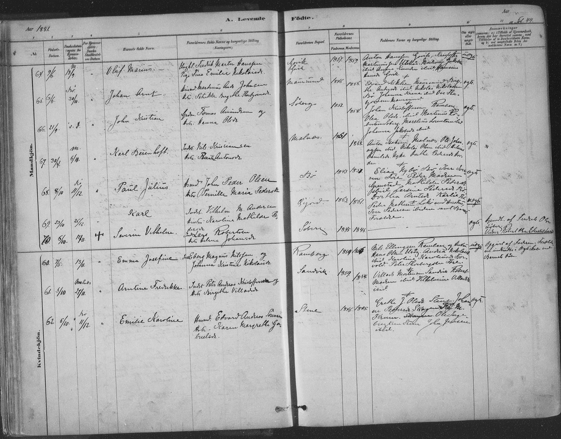 Ministerialprotokoller, klokkerbøker og fødselsregistre - Nordland, AV/SAT-A-1459/891/L1302: Parish register (official) no. 891A07, 1878-1895, p. 44