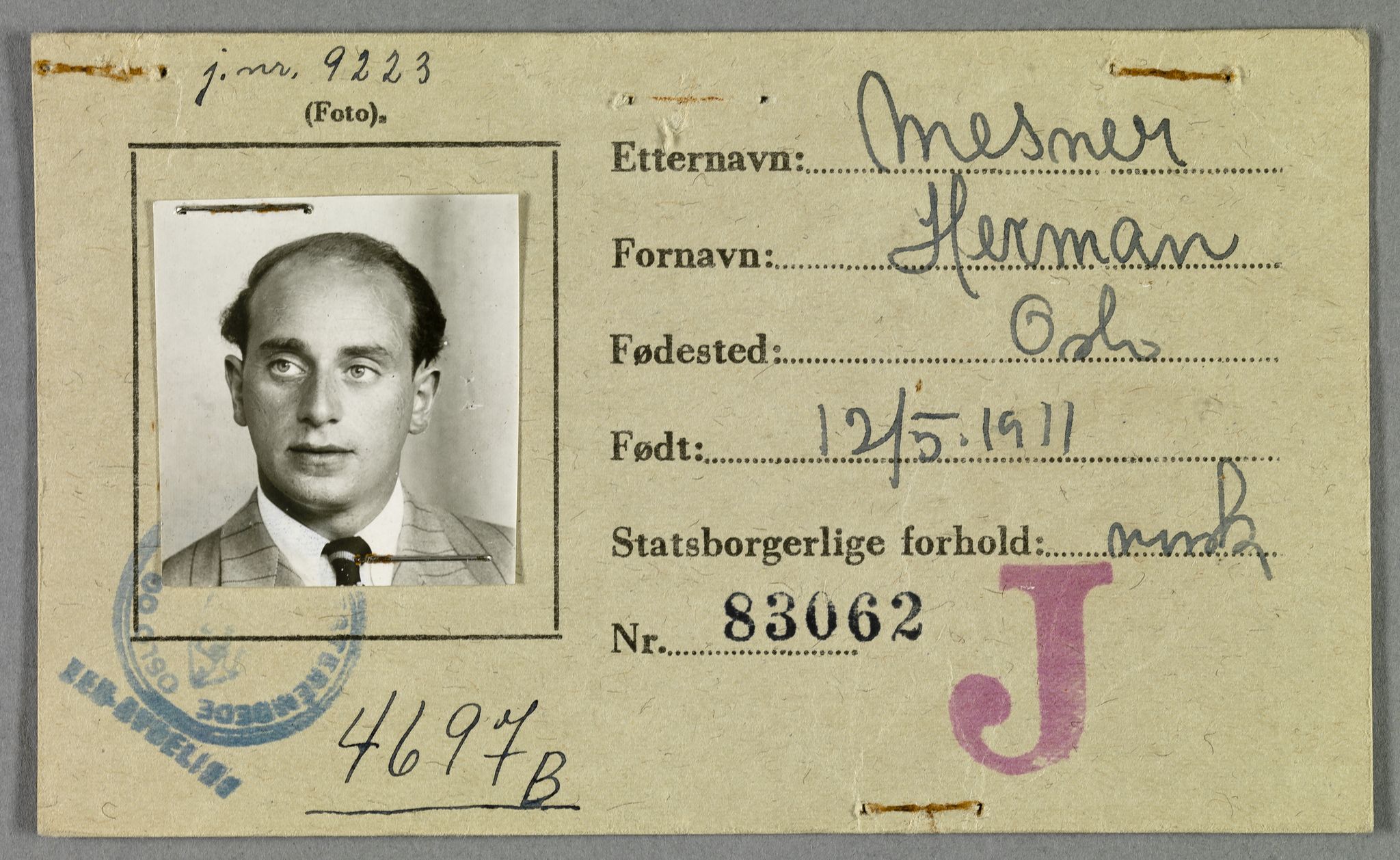 Sosialdepartementet, Våre Falne, RA/S-1708/E/Ee/L0021A: Fotografier av jøder på legitimasjonskort (1941-42), 1941-1942, p. 253