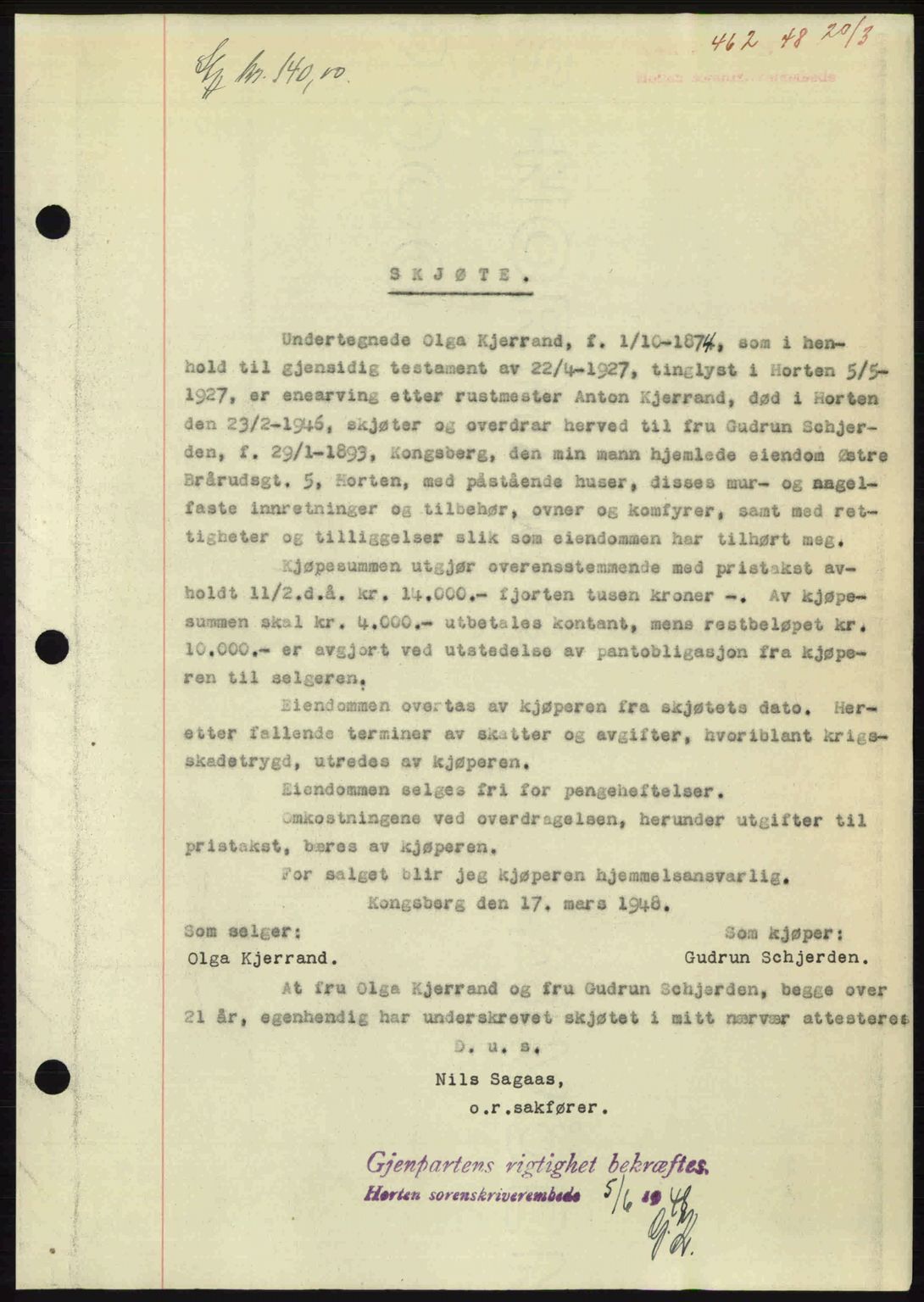 Horten sorenskriveri, AV/SAKO-A-133/G/Ga/Gaa/L0010: Mortgage book no. A-10, 1947-1948, Diary no: : 462/1948