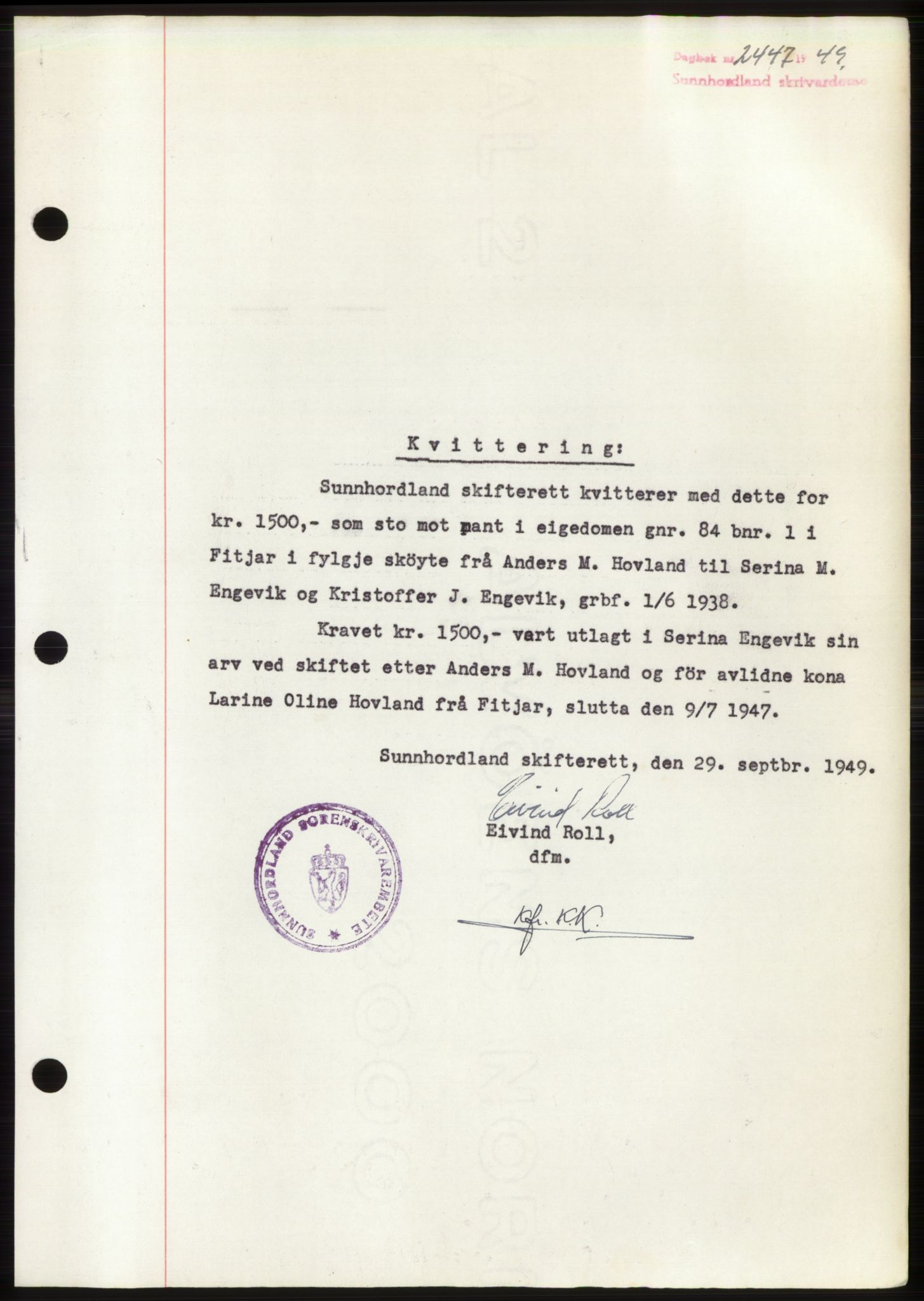 Sunnhordland sorenskrivar, AV/SAB-A-2401: Mortgage book no. B75-79, 1948-1950, Diary no: : 2447/1949