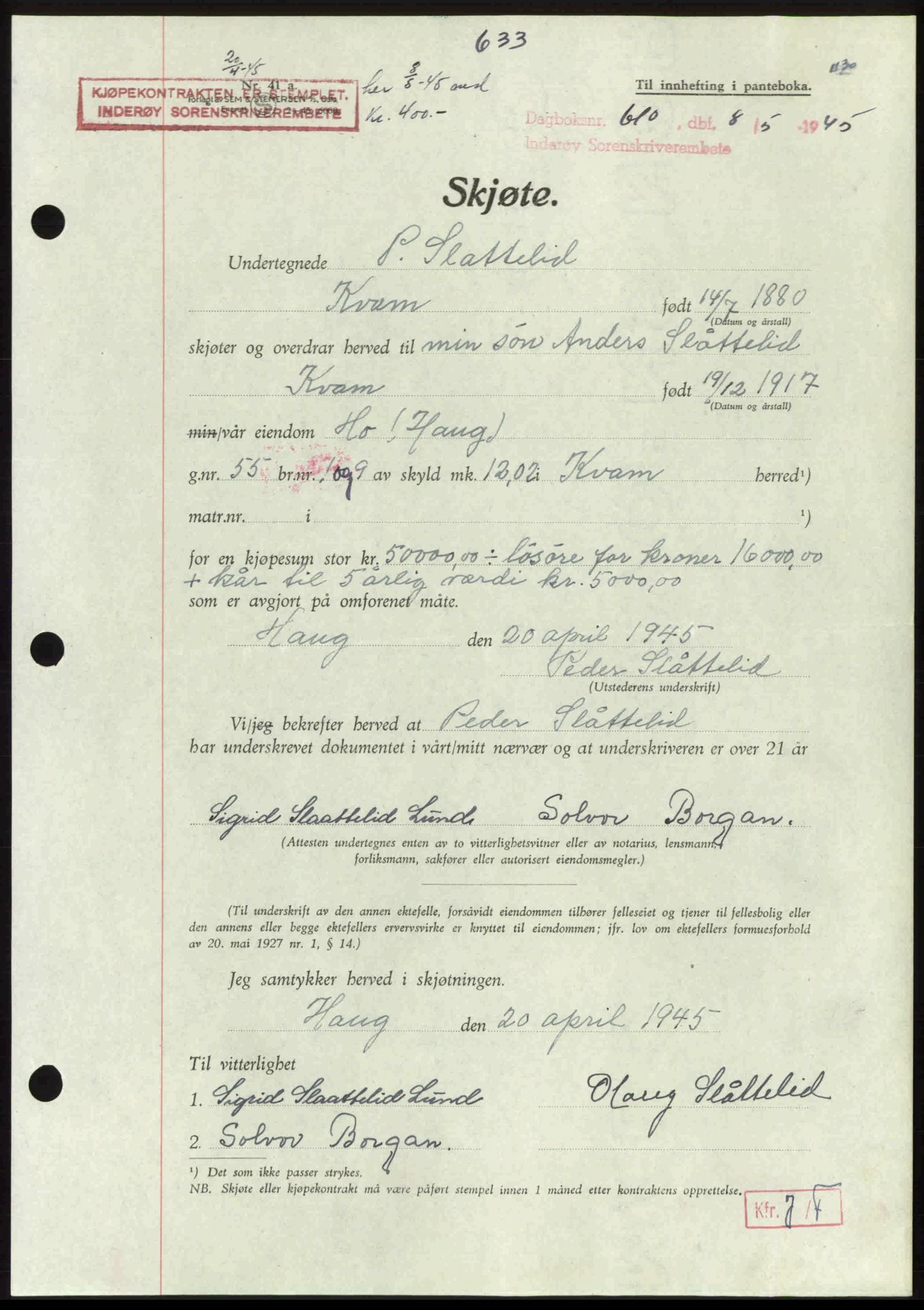 Inderøy sorenskriveri, AV/SAT-A-4147/1/2/2C: Mortgage book no. A 12, 1944-1945, p. 633, Diary no: : 610/1945