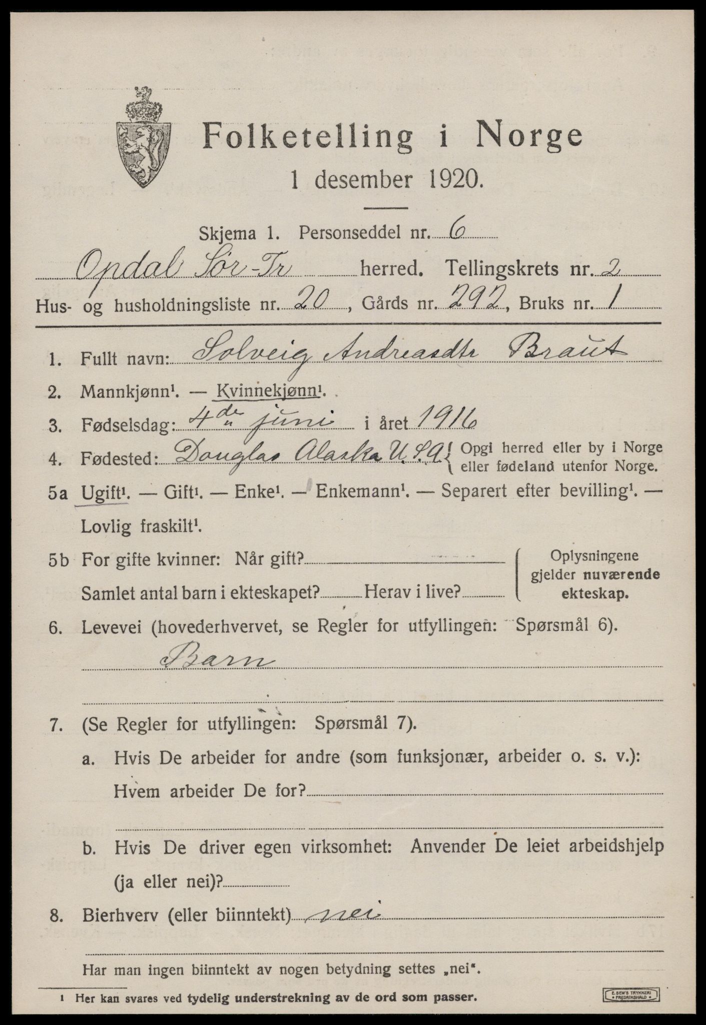 SAT, 1920 census for Oppdal, 1920, p. 2641