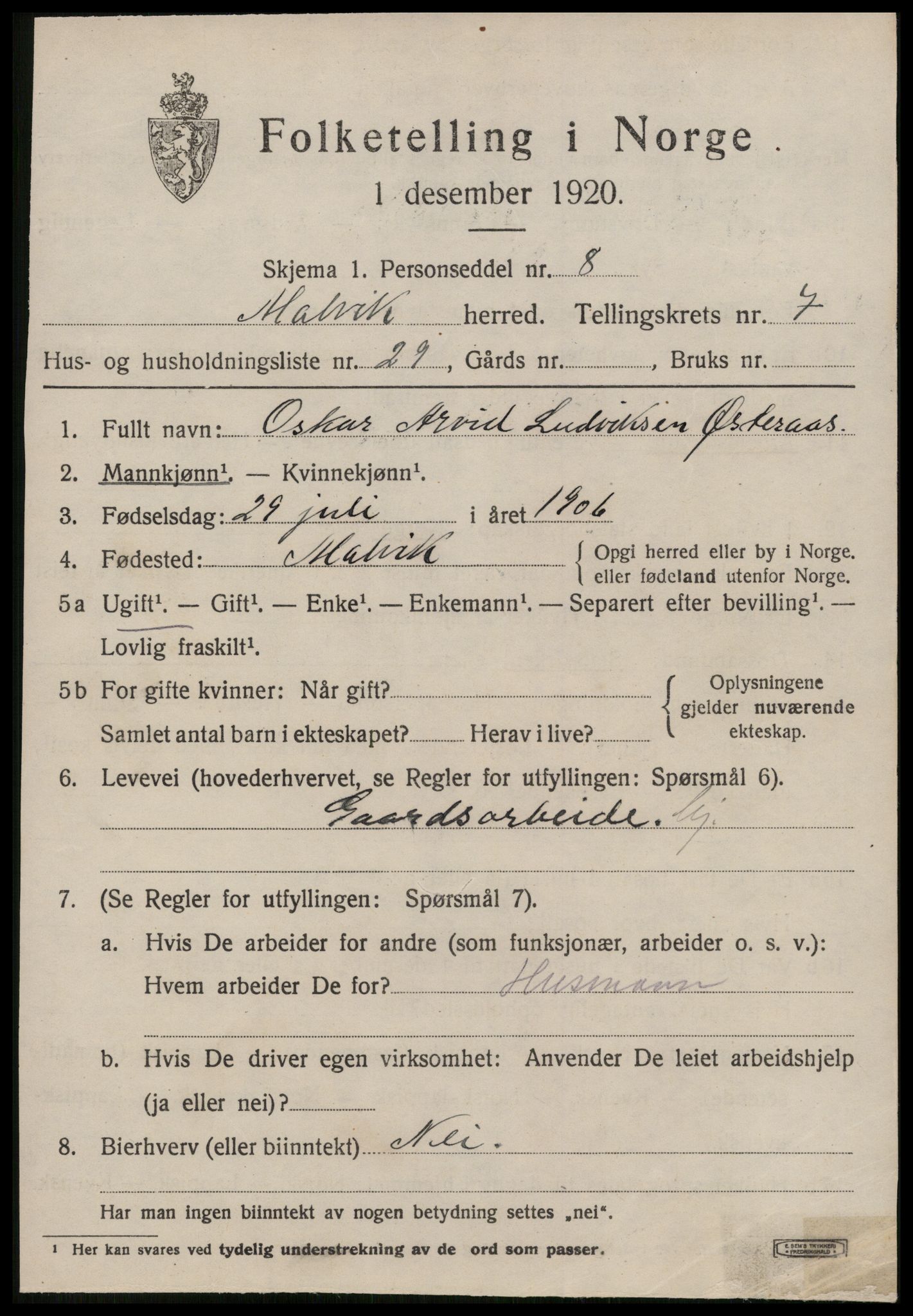 SAT, 1920 census for Malvik, 1920, p. 7588