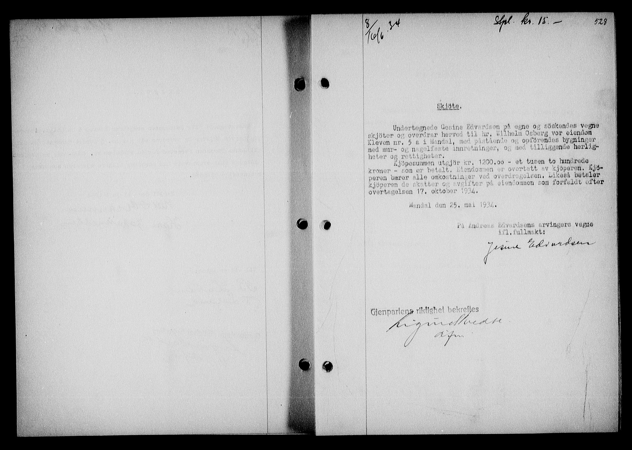 Mandal sorenskriveri, SAK/1221-0005/001/G/Gb/Gba/L0068: Mortgage book no. A-5, 1934-1935, Deed date: 16.06.1934