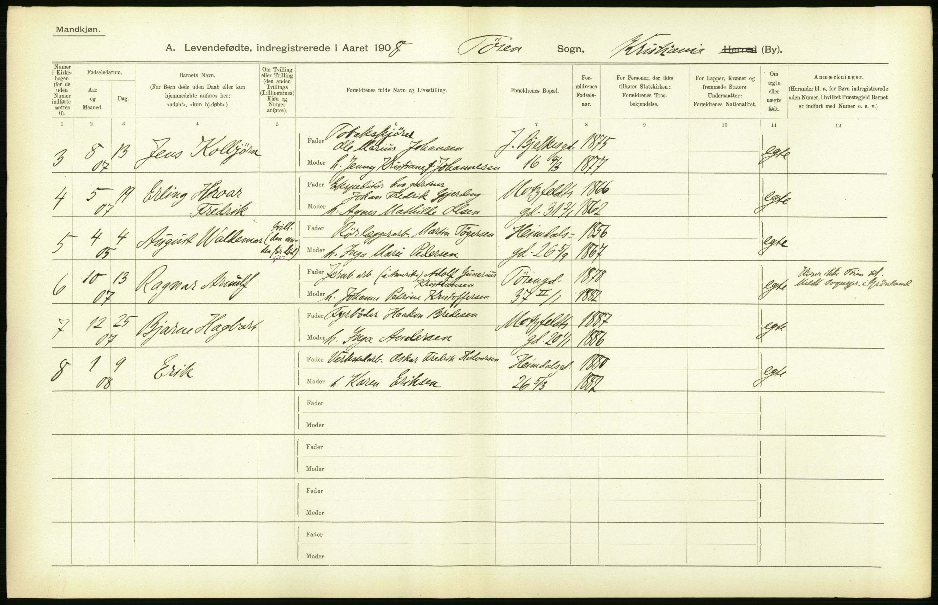 Statistisk sentralbyrå, Sosiodemografiske emner, Befolkning, AV/RA-S-2228/D/Df/Dfa/Dfaf/L0005: Kristiania: Levendefødte menn og kvinner., 1908, p. 48