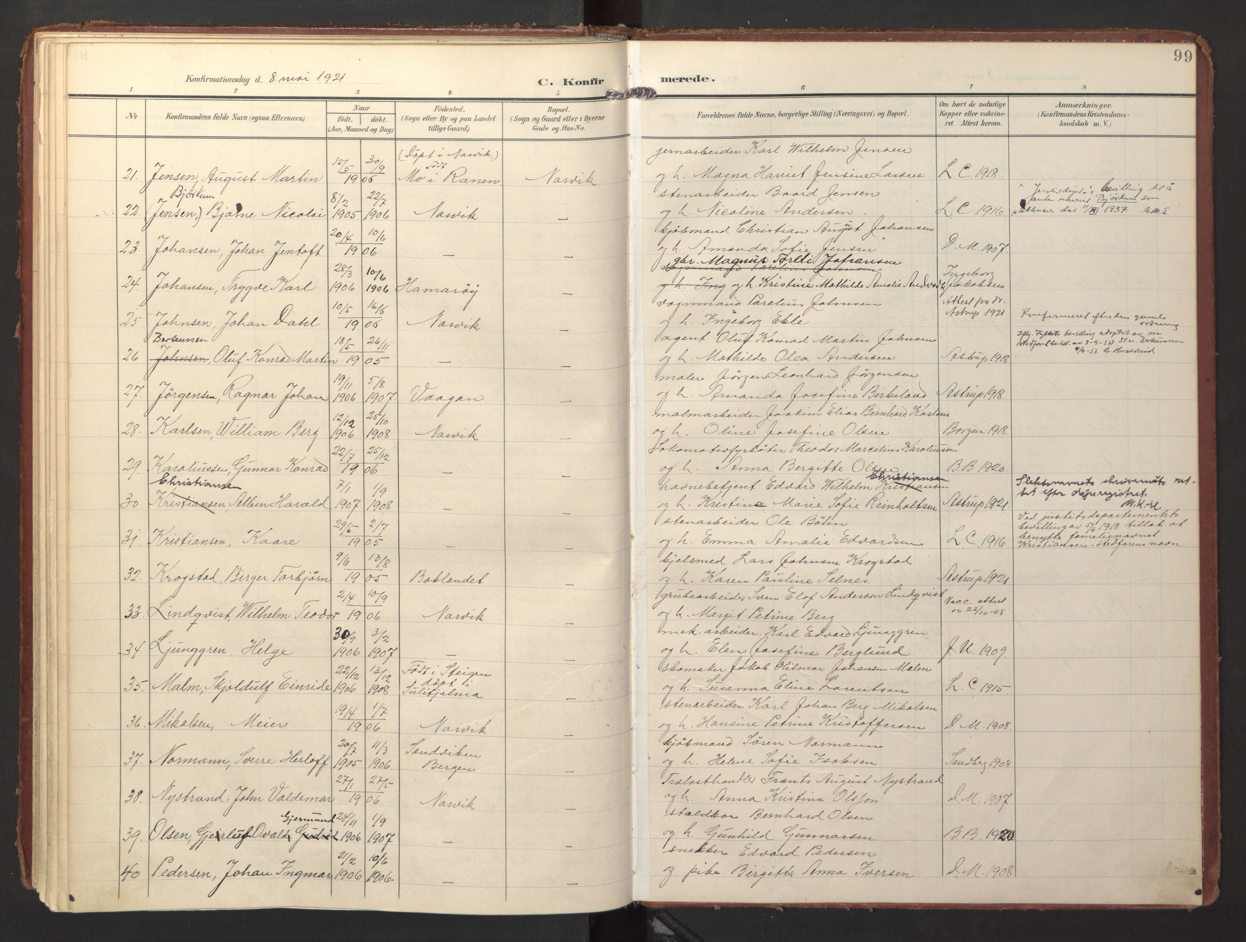 Ministerialprotokoller, klokkerbøker og fødselsregistre - Nordland, SAT/A-1459/871/L0998: Parish register (official) no. 871A14, 1902-1921, p. 99