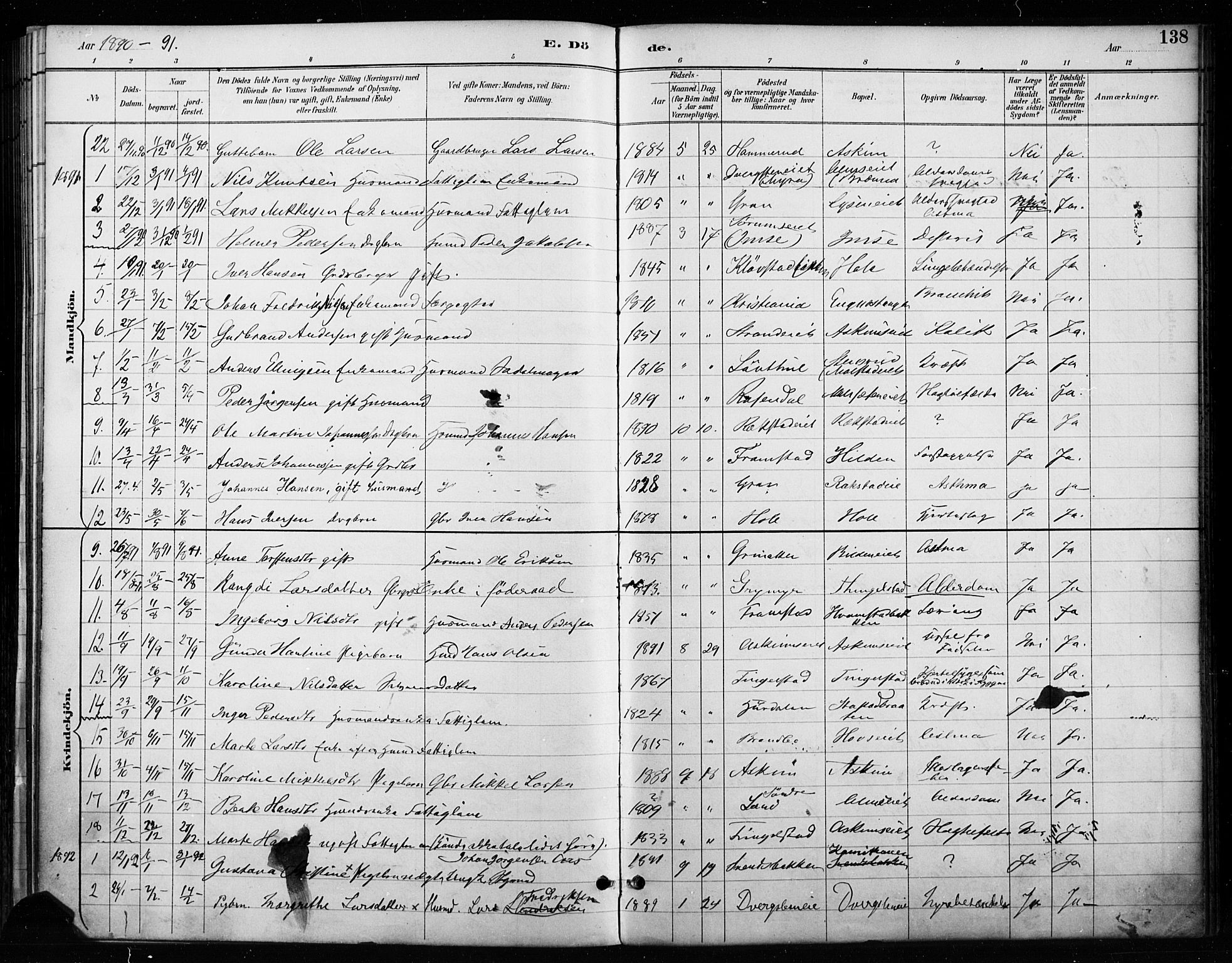 Gran prestekontor, SAH/PREST-112/H/Ha/Haa/L0018: Parish register (official) no. 18, 1889-1899, p. 138