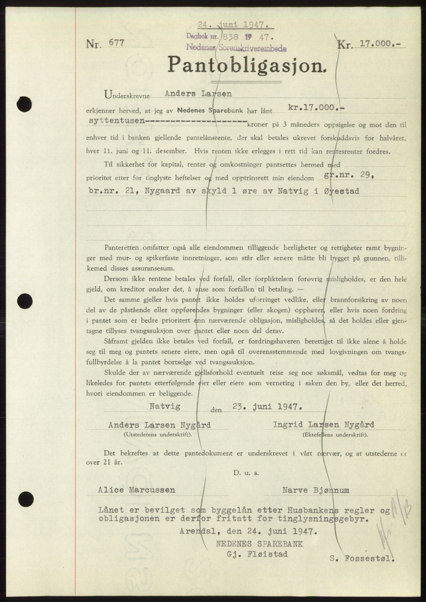 Nedenes sorenskriveri, AV/SAK-1221-0006/G/Gb/Gbb/L0004: Mortgage book no. B4, 1947-1947, Diary no: : 838/1947