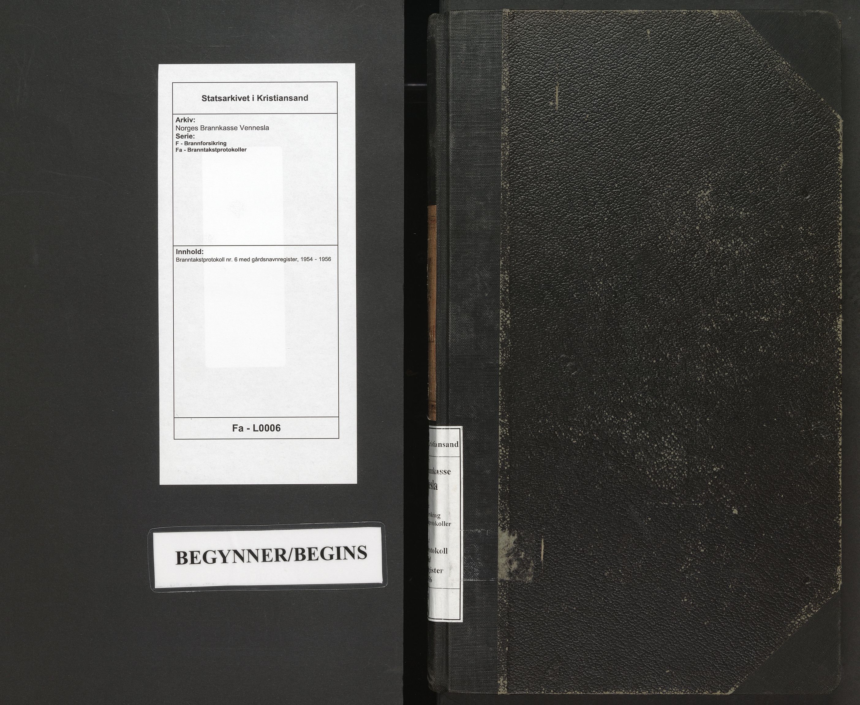 Norges Brannkasse Vennesla, SAK/2241-0055/F/Fa/L0006: Branntakstprotokoll nr. 6 med gårdsnavnregister, 1954-1956