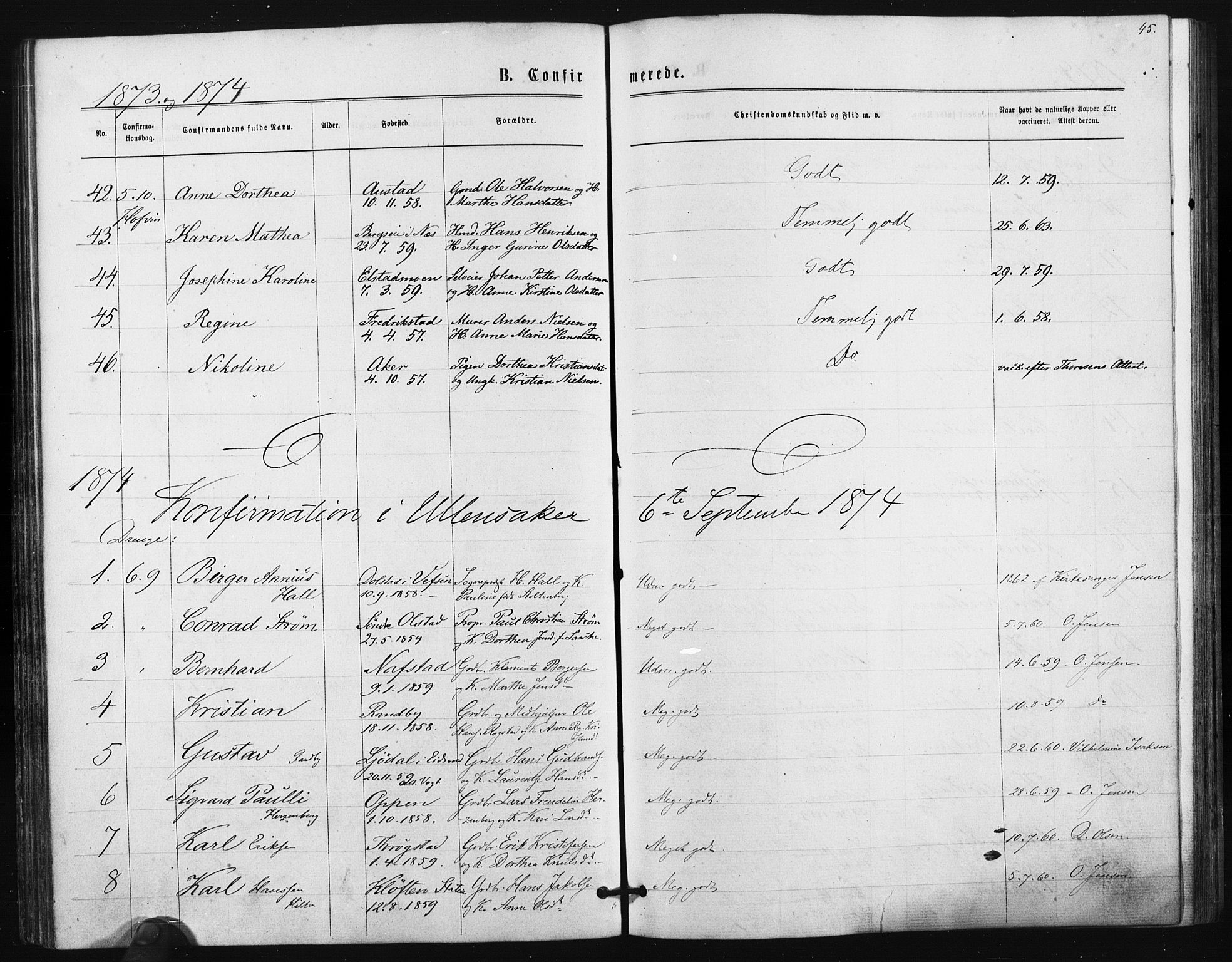 Ullensaker prestekontor Kirkebøker, AV/SAO-A-10236a/F/Fa/L0017: Parish register (official) no. I 17, 1871-1875, p. 45