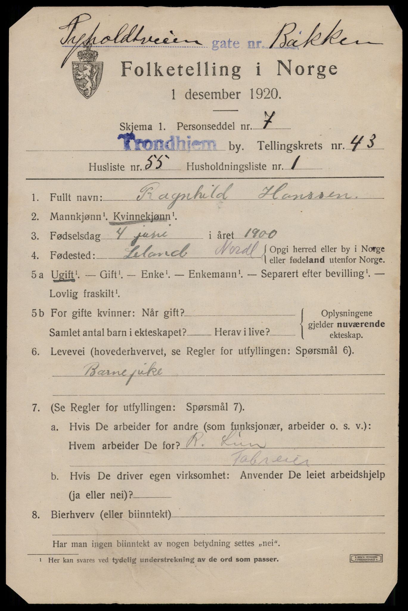 SAT, 1920 census for Trondheim, 1920, p. 94860