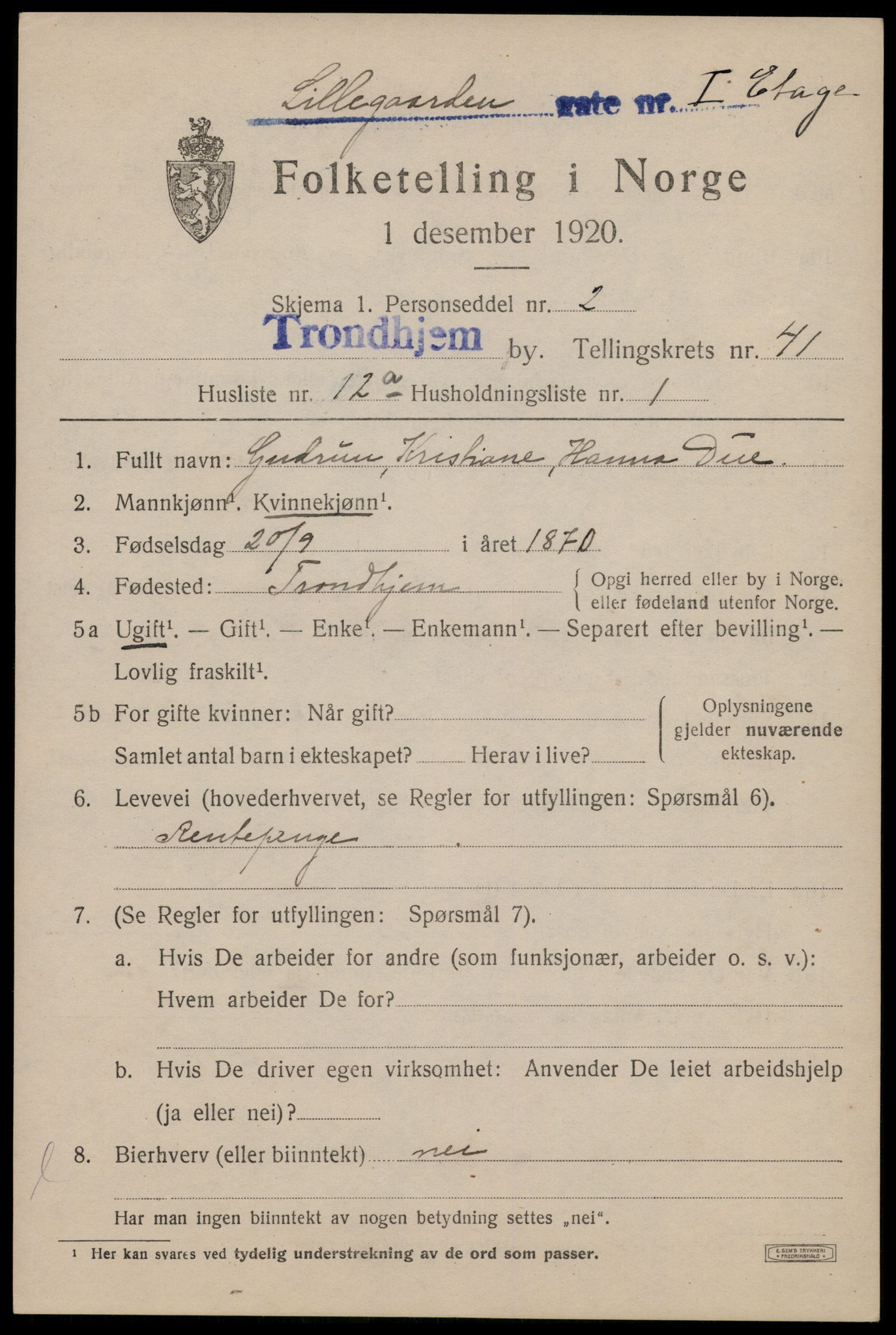 SAT, 1920 census for Trondheim, 1920, p. 91104