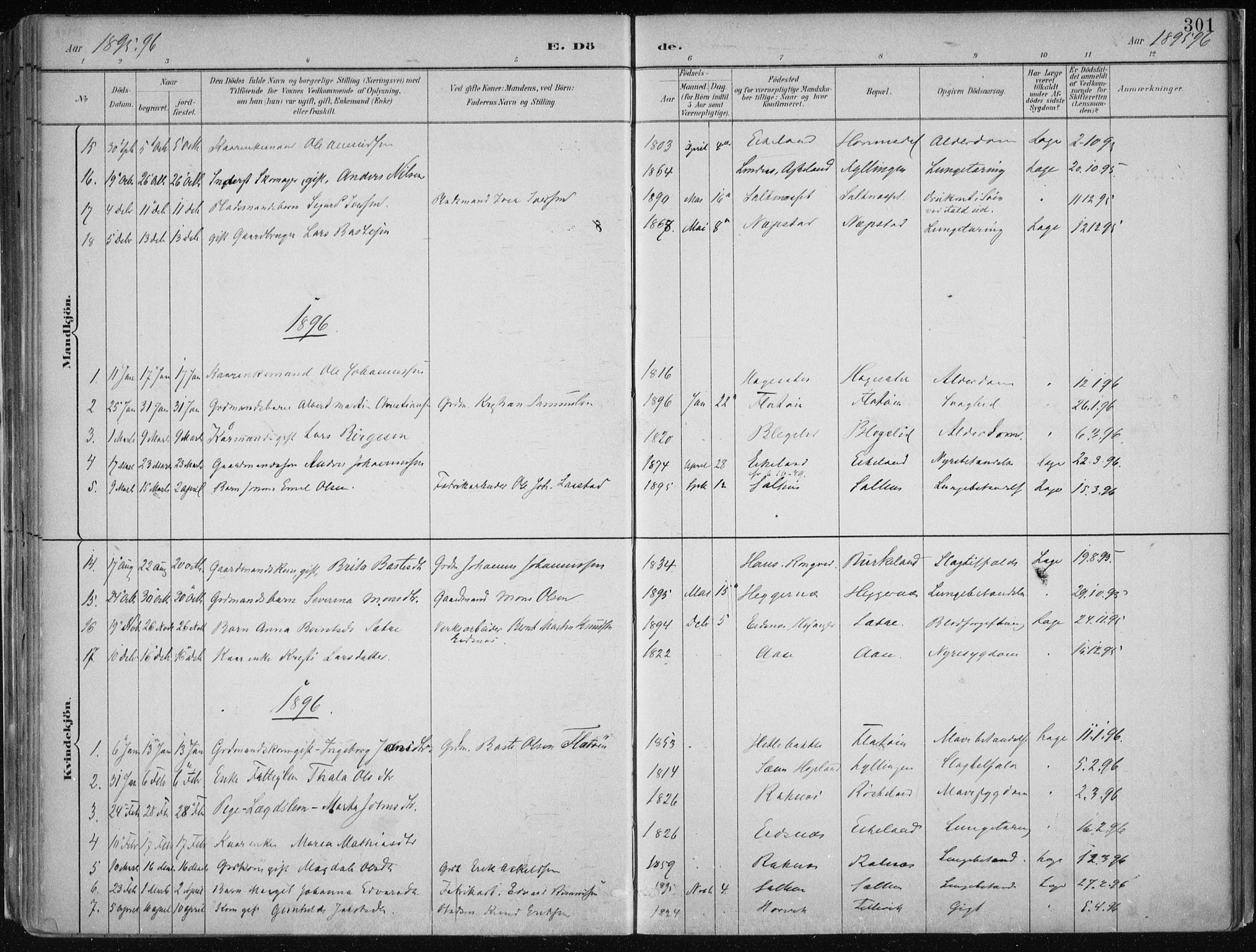 Hamre sokneprestembete, SAB/A-75501/H/Ha/Haa/Haab/L0001: Parish register (official) no. B  1, 1882-1905, p. 301