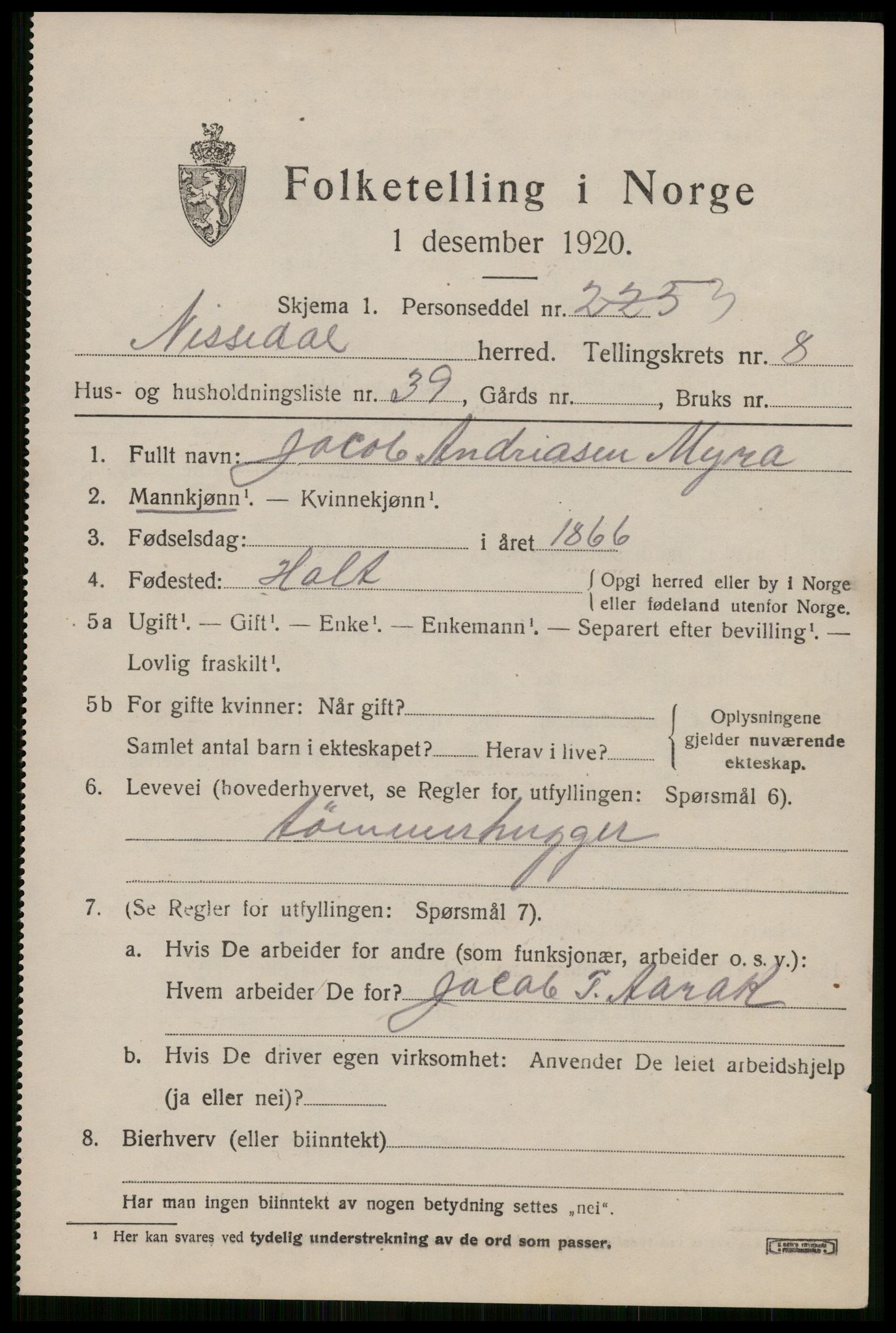 SAKO, 1920 census for Nissedal, 1920, p. 3489