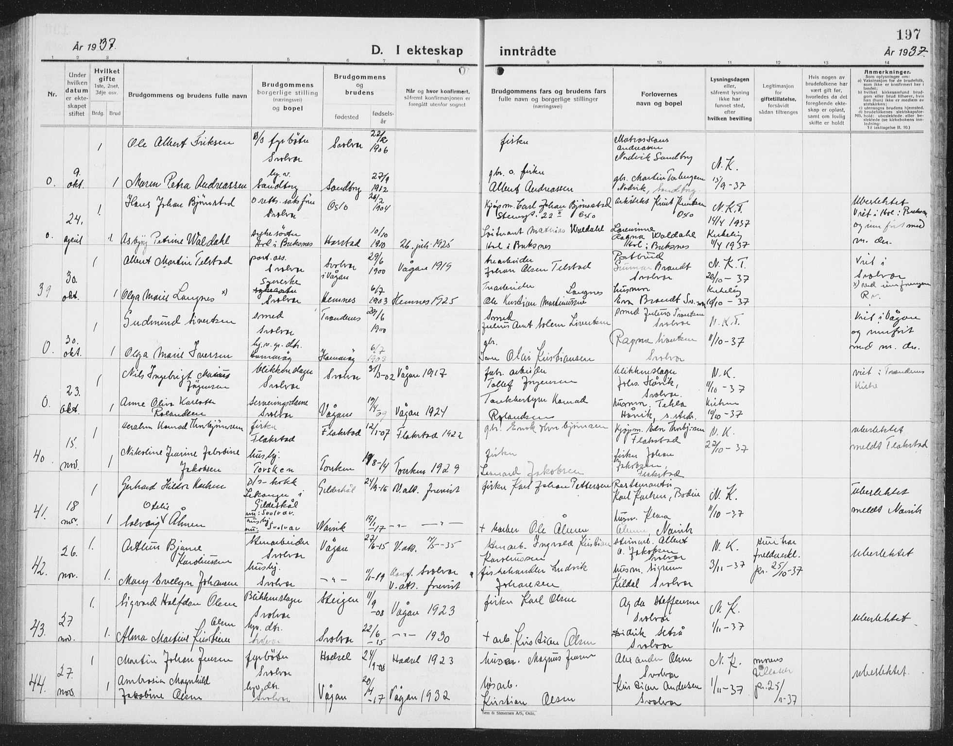 Ministerialprotokoller, klokkerbøker og fødselsregistre - Nordland, SAT/A-1459/877/L1117: Parish register (copy) no. 877C01, 1923-1942, p. 197