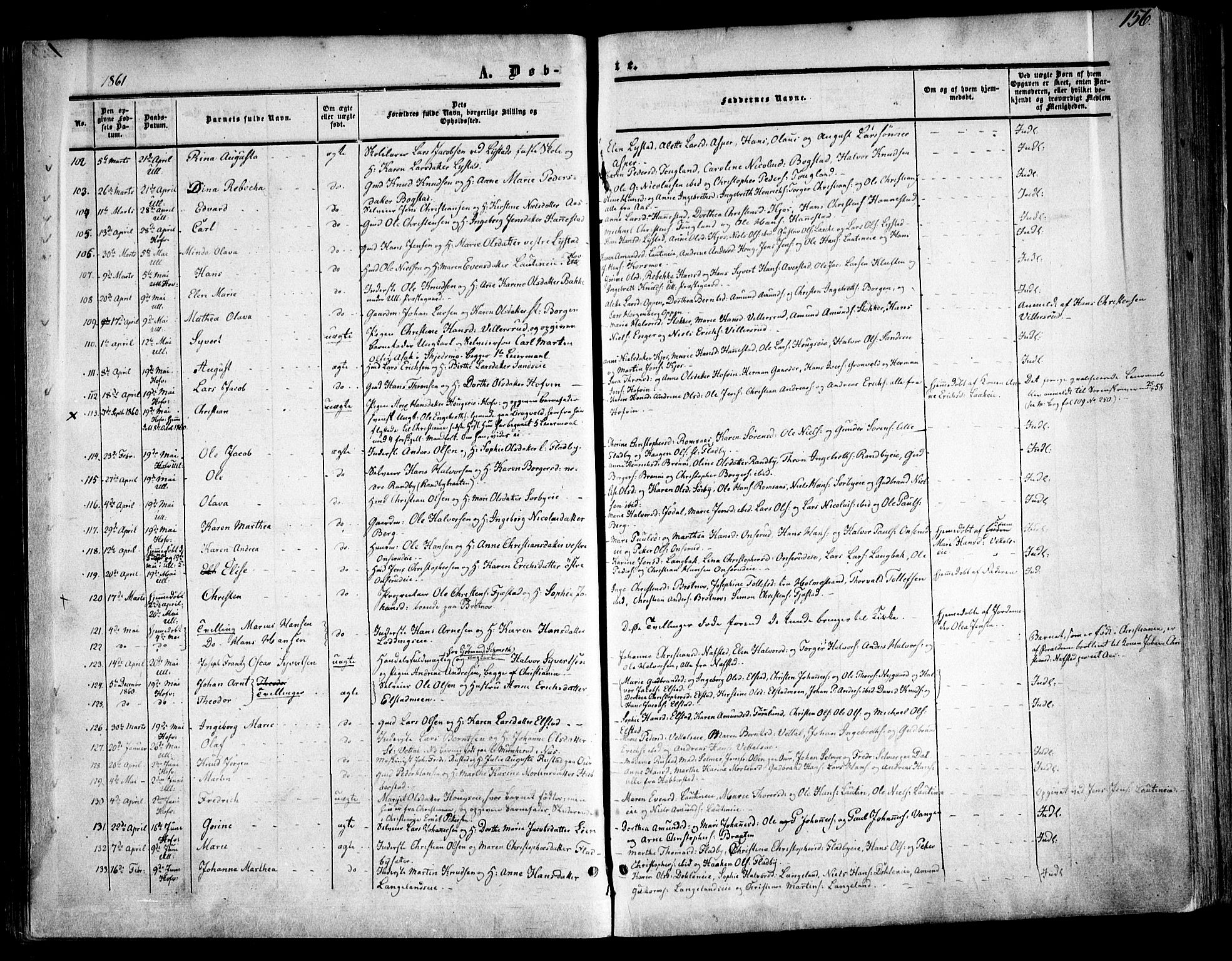 Ullensaker prestekontor Kirkebøker, SAO/A-10236a/F/Fa/L0015.a: Parish register (official) no. I 15A, 1851-1862, p. 156