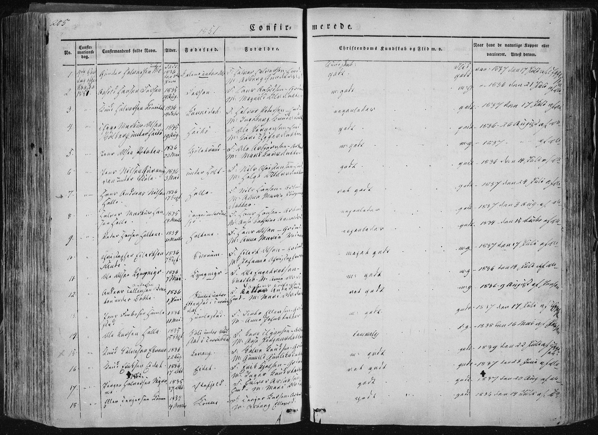 Sannidal kirkebøker, AV/SAKO-A-296/F/Fa/L0007: Parish register (official) no. 7, 1831-1854, p. 205