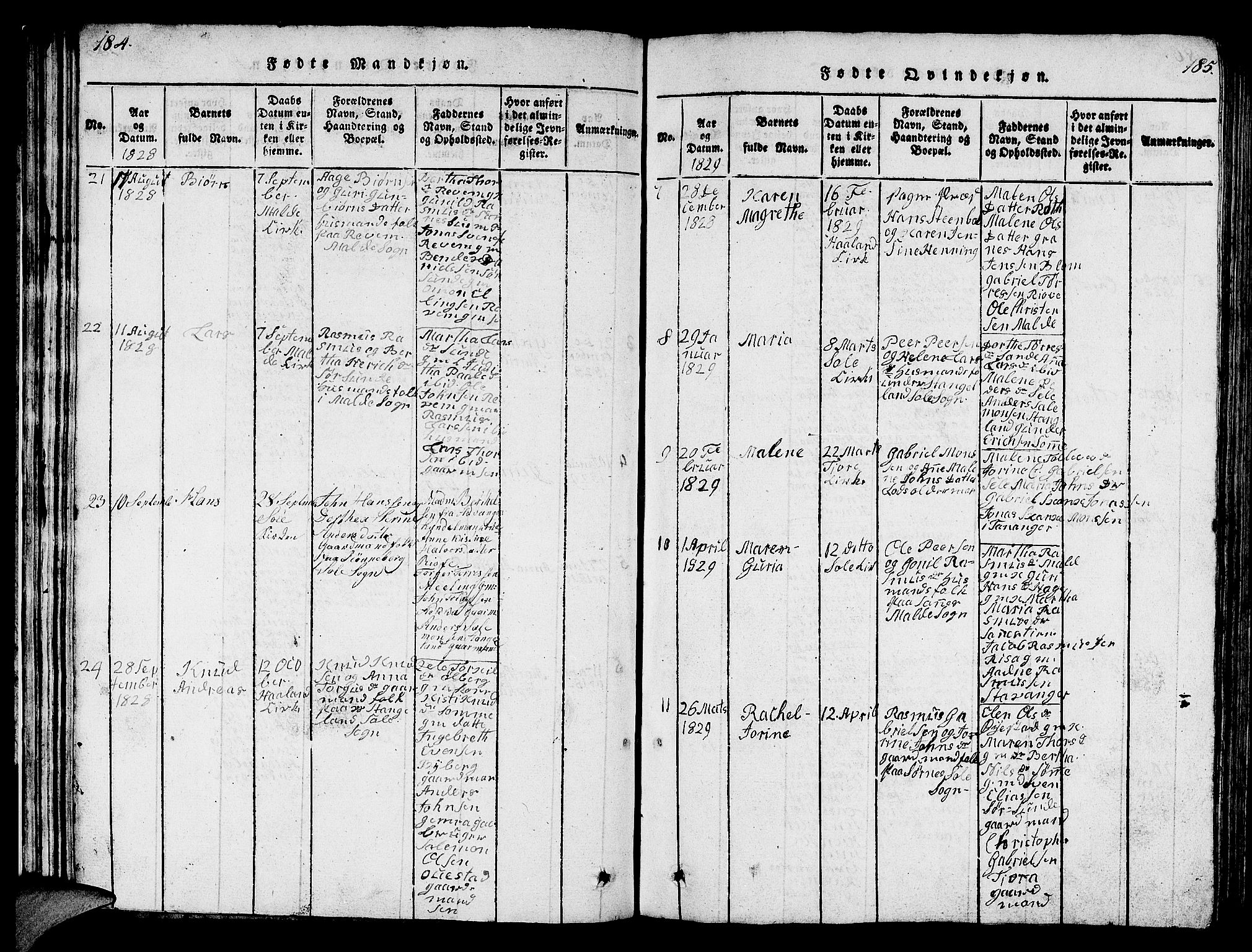 Håland sokneprestkontor, AV/SAST-A-101802/001/30BB/L0001: Parish register (copy) no. B 1, 1815-1845, p. 184-185