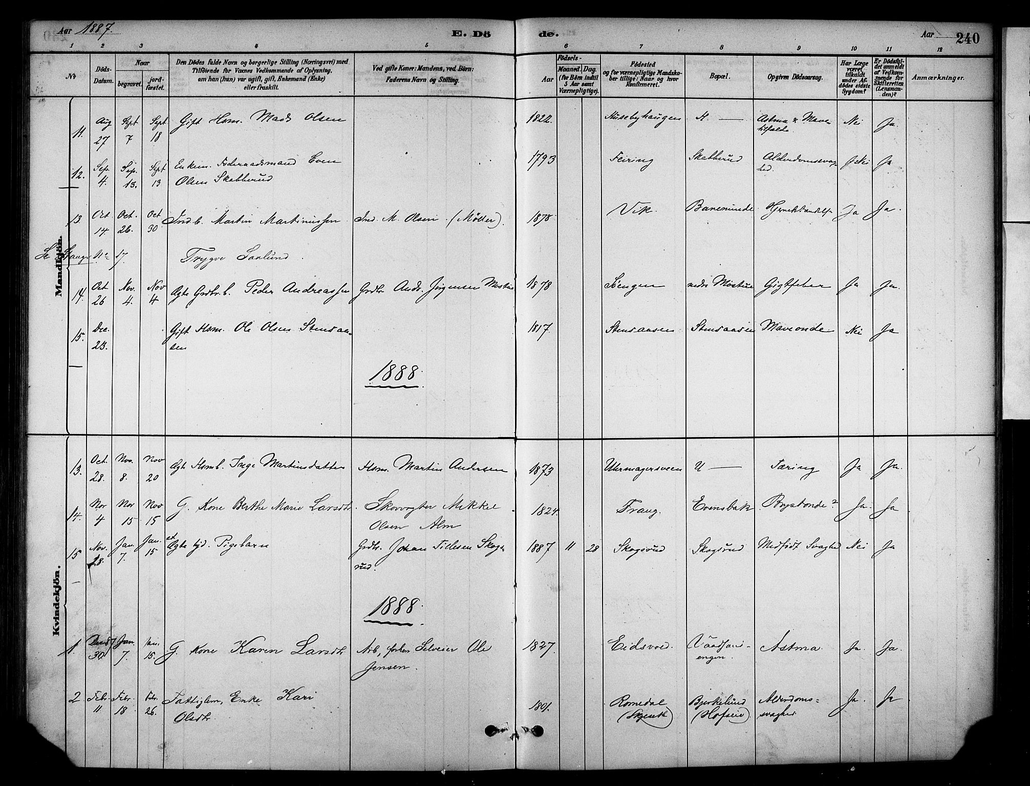 Stange prestekontor, SAH/PREST-002/K/L0018: Parish register (official) no. 18, 1880-1896, p. 240