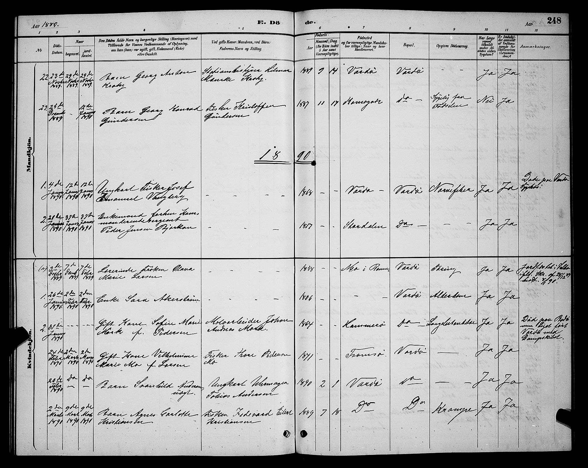 Vardø sokneprestkontor, SATØ/S-1332/H/Hb/L0005klokker: Parish register (copy) no. 5, 1887-1892, p. 248