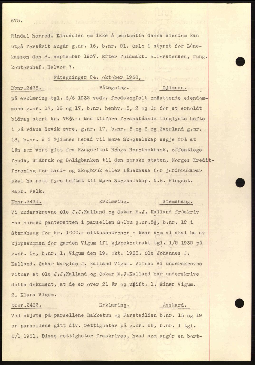 Nordmøre sorenskriveri, AV/SAT-A-4132/1/2/2Ca: Mortgage book no. C80, 1936-1939, Diary no: : 2428/1938