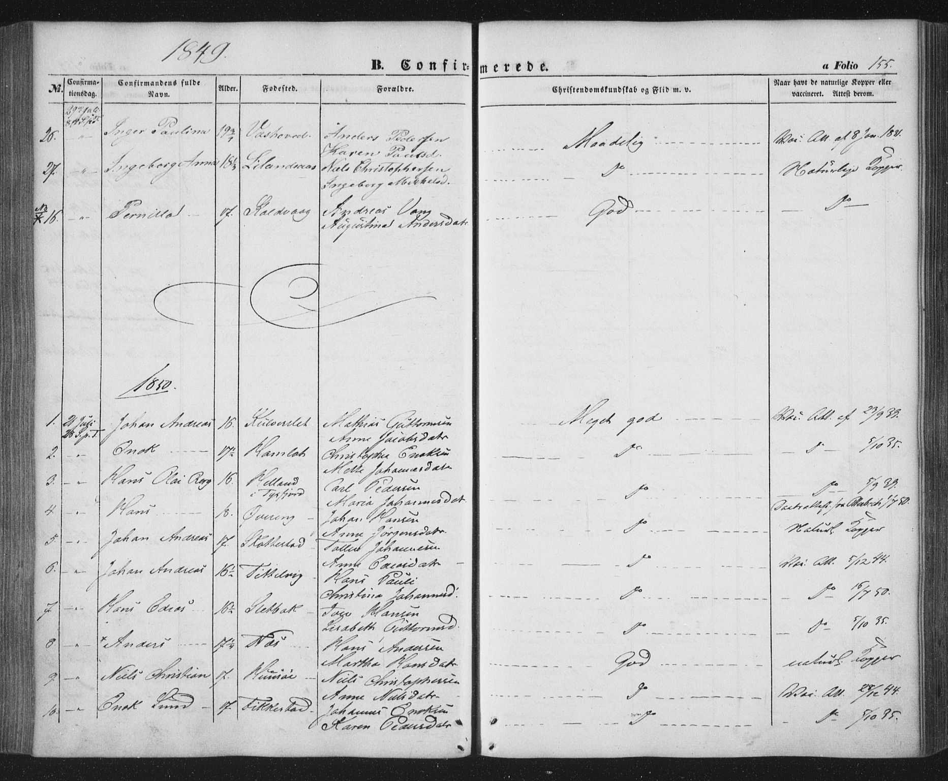 Ministerialprotokoller, klokkerbøker og fødselsregistre - Nordland, AV/SAT-A-1459/859/L0844: Parish register (official) no. 859A04, 1849-1862, p. 155