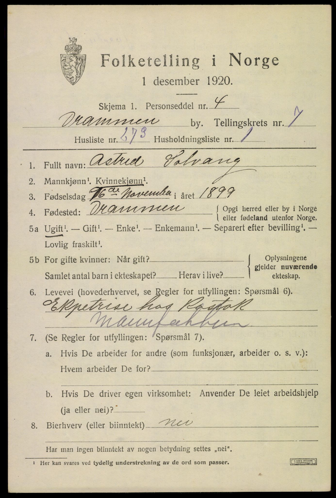 SAKO, 1920 census for Drammen, 1920, p. 52365