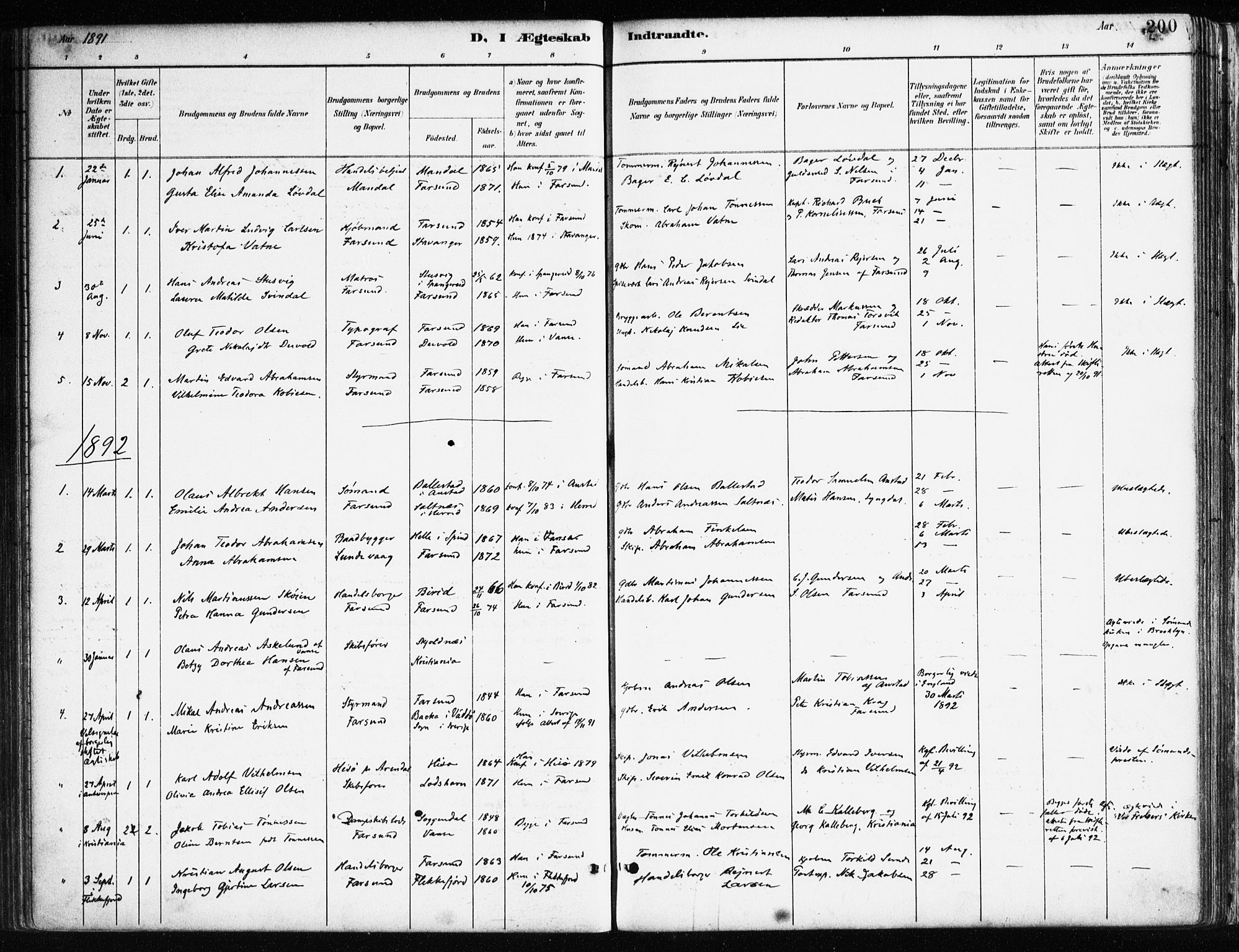 Farsund sokneprestkontor, SAK/1111-0009/F/Fa/L0006: Parish register (official) no. A 6, 1887-1920, p. 200