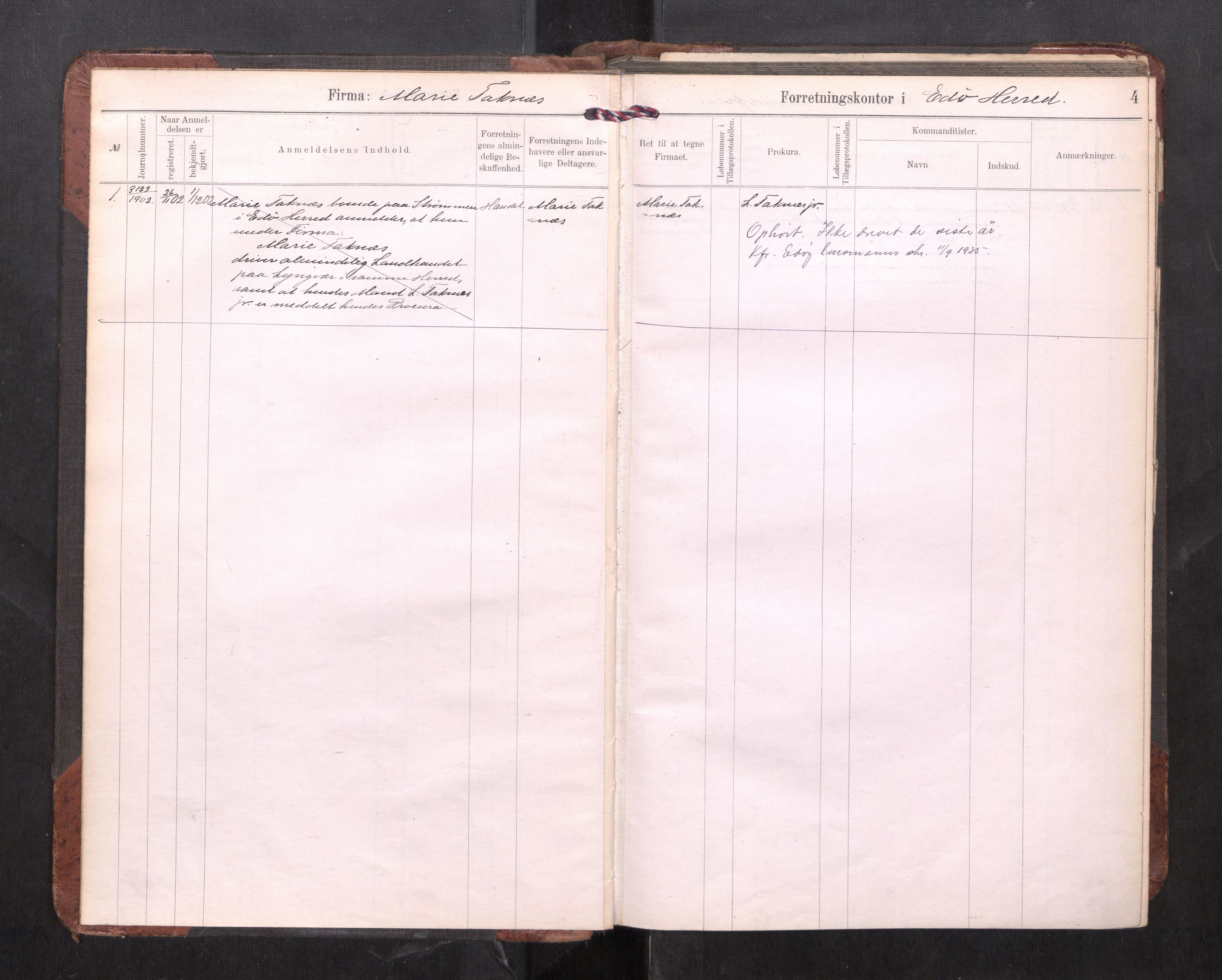 Nordmøre sorenskriveri, SAT/A-4132/3/J/Ja/Jaa/L0002: Firmaregister A-2, 1902-1929, p. 7