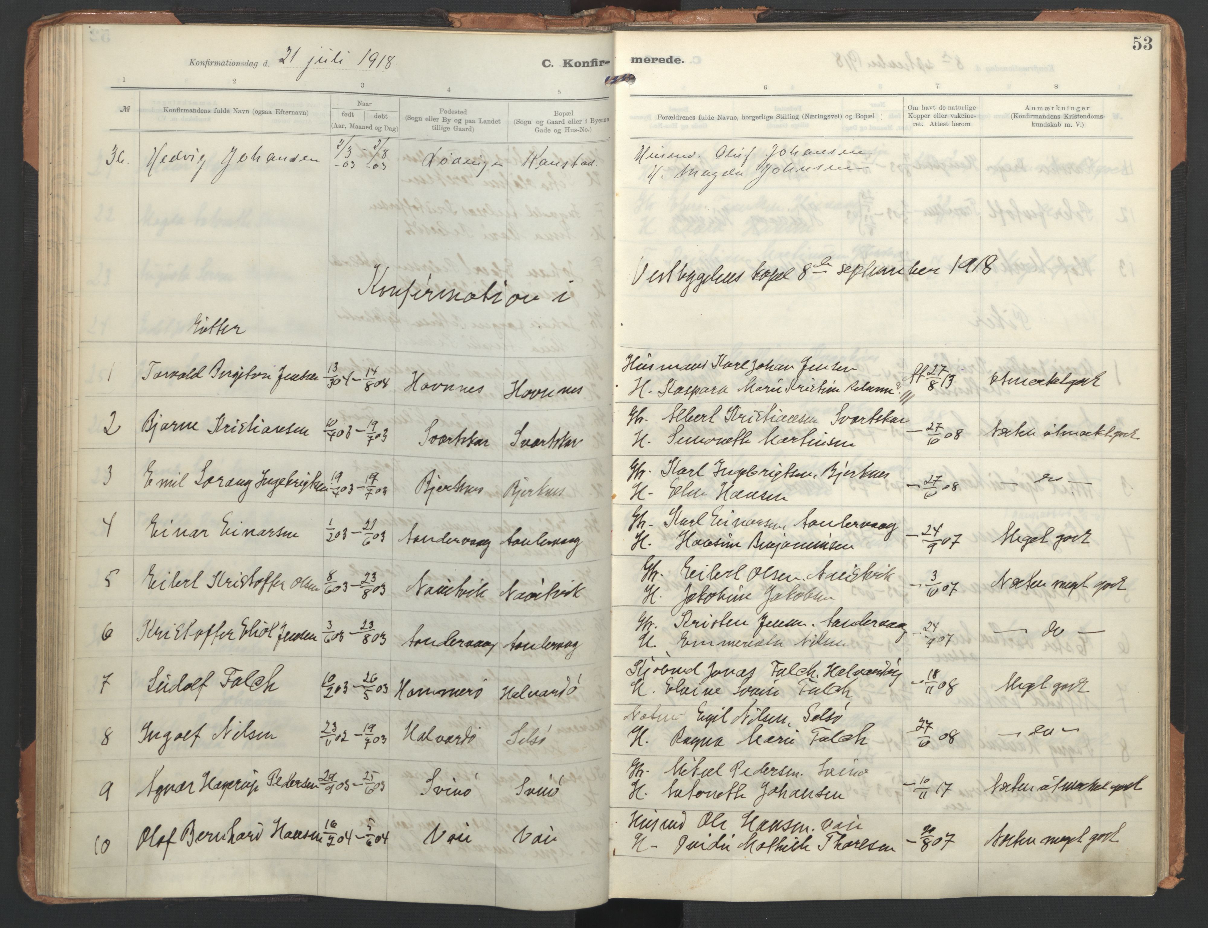 Ministerialprotokoller, klokkerbøker og fødselsregistre - Nordland, AV/SAT-A-1459/872/L1042: Parish register (official) no. 872A17, 1910-1937, p. 53