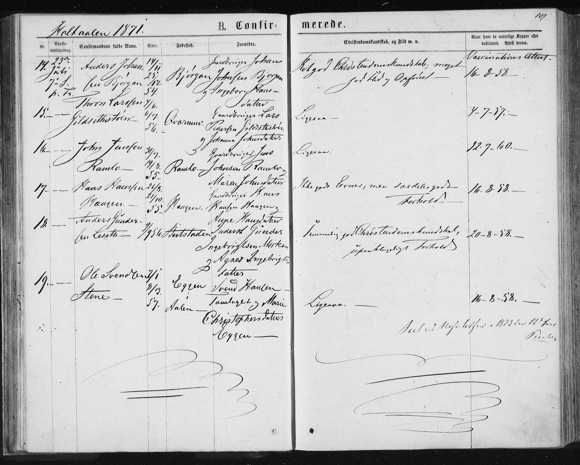 Ministerialprotokoller, klokkerbøker og fødselsregistre - Sør-Trøndelag, SAT/A-1456/685/L0969: Parish register (official) no. 685A08 /1, 1870-1878, p. 107