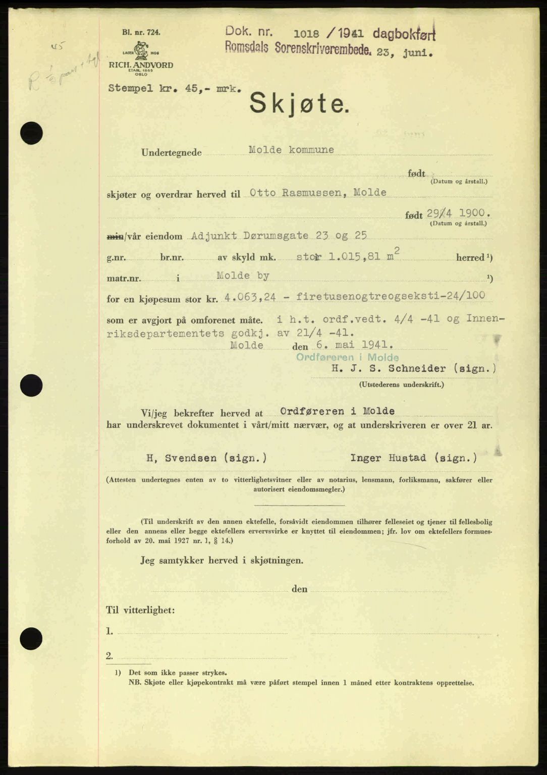 Romsdal sorenskriveri, AV/SAT-A-4149/1/2/2C: Mortgage book no. A10, 1941-1941, Diary no: : 1018/1941