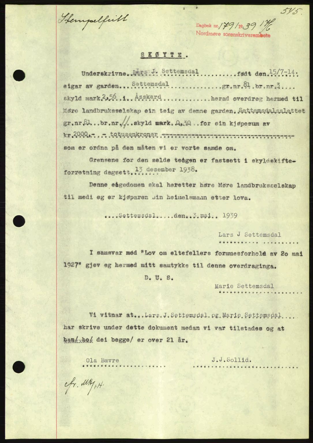 Nordmøre sorenskriveri, AV/SAT-A-4132/1/2/2Ca: Mortgage book no. A86, 1939-1939, Diary no: : 1791/1939