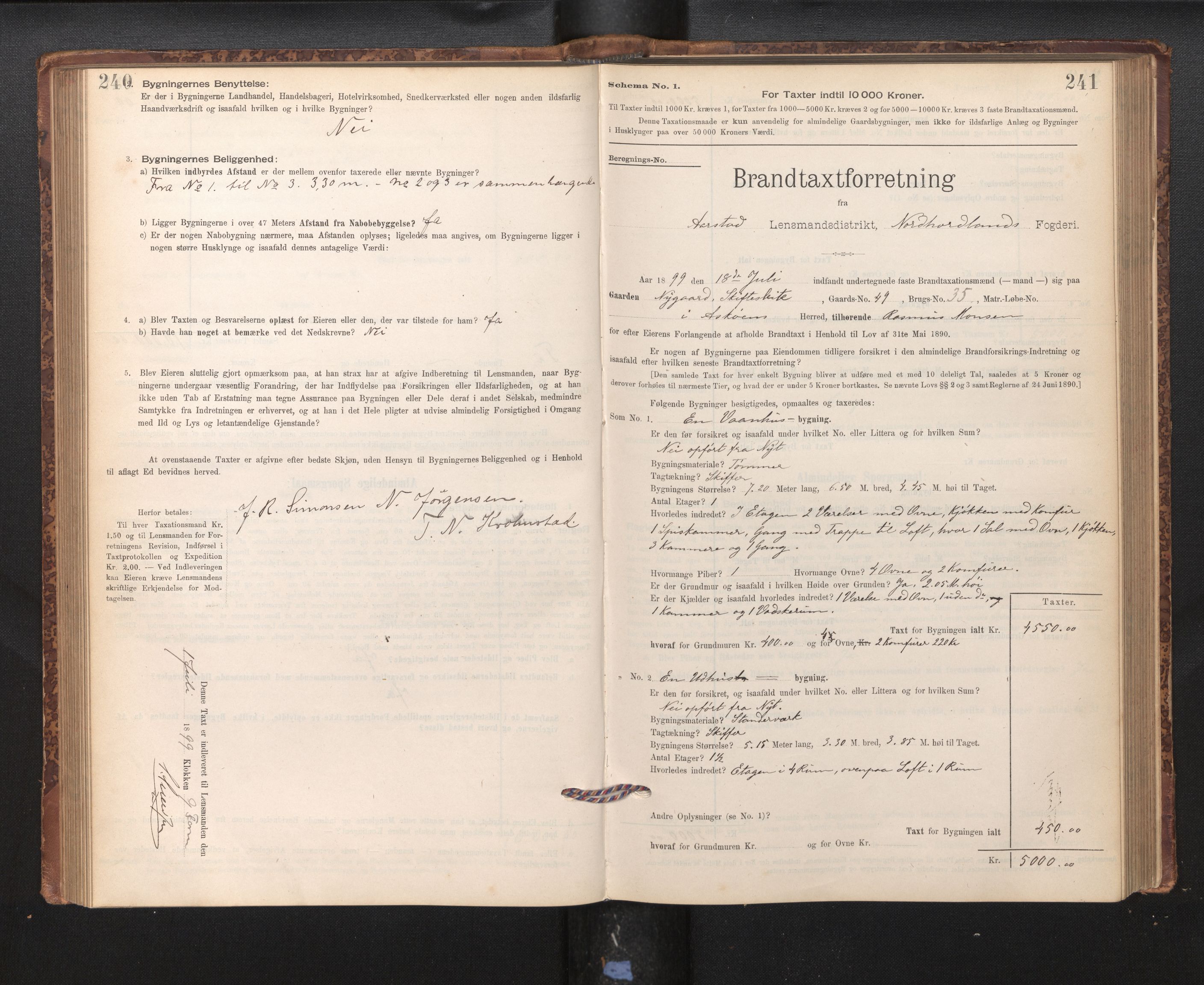 Lensmannen i Årstad, AV/SAB-A-36201/0012/L0011: Branntakstprotokoll,skjematakst, 1895-1901, p. 240-241