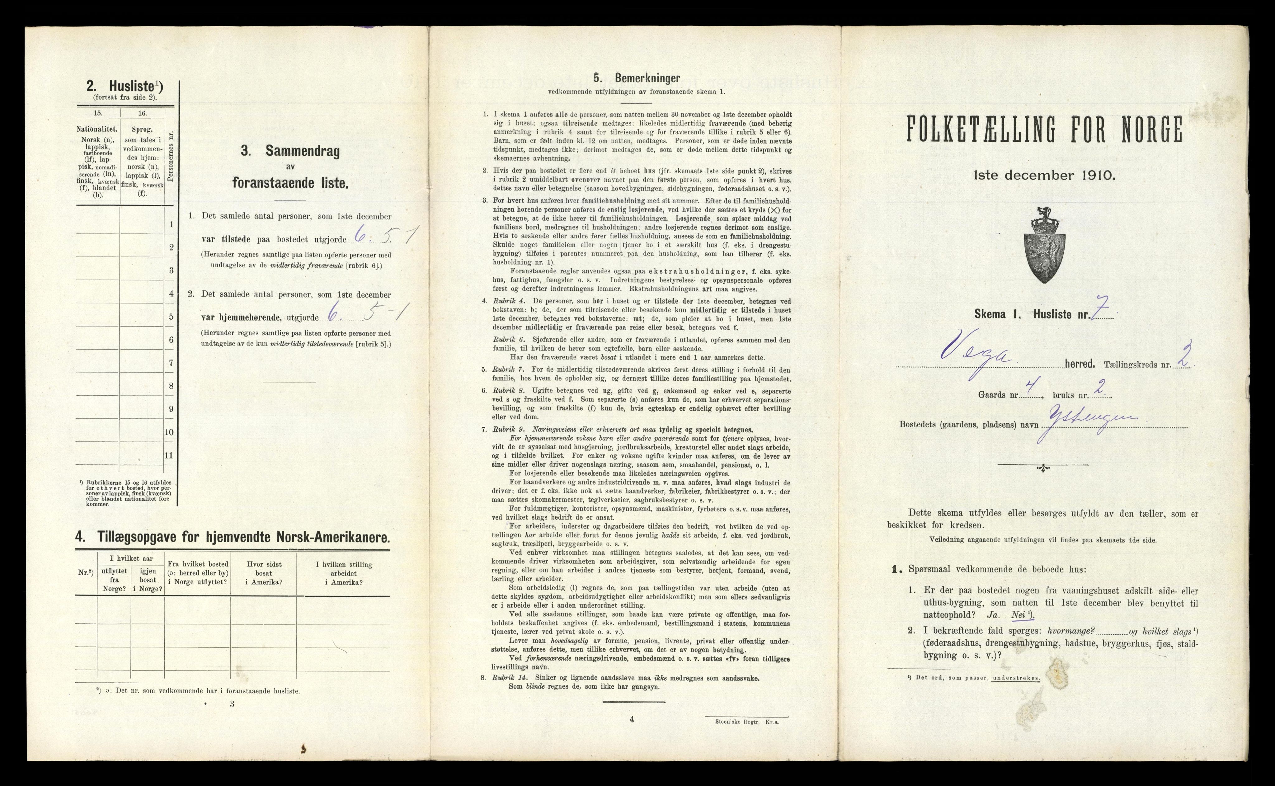 RA, 1910 census for Vega, 1910, p. 106