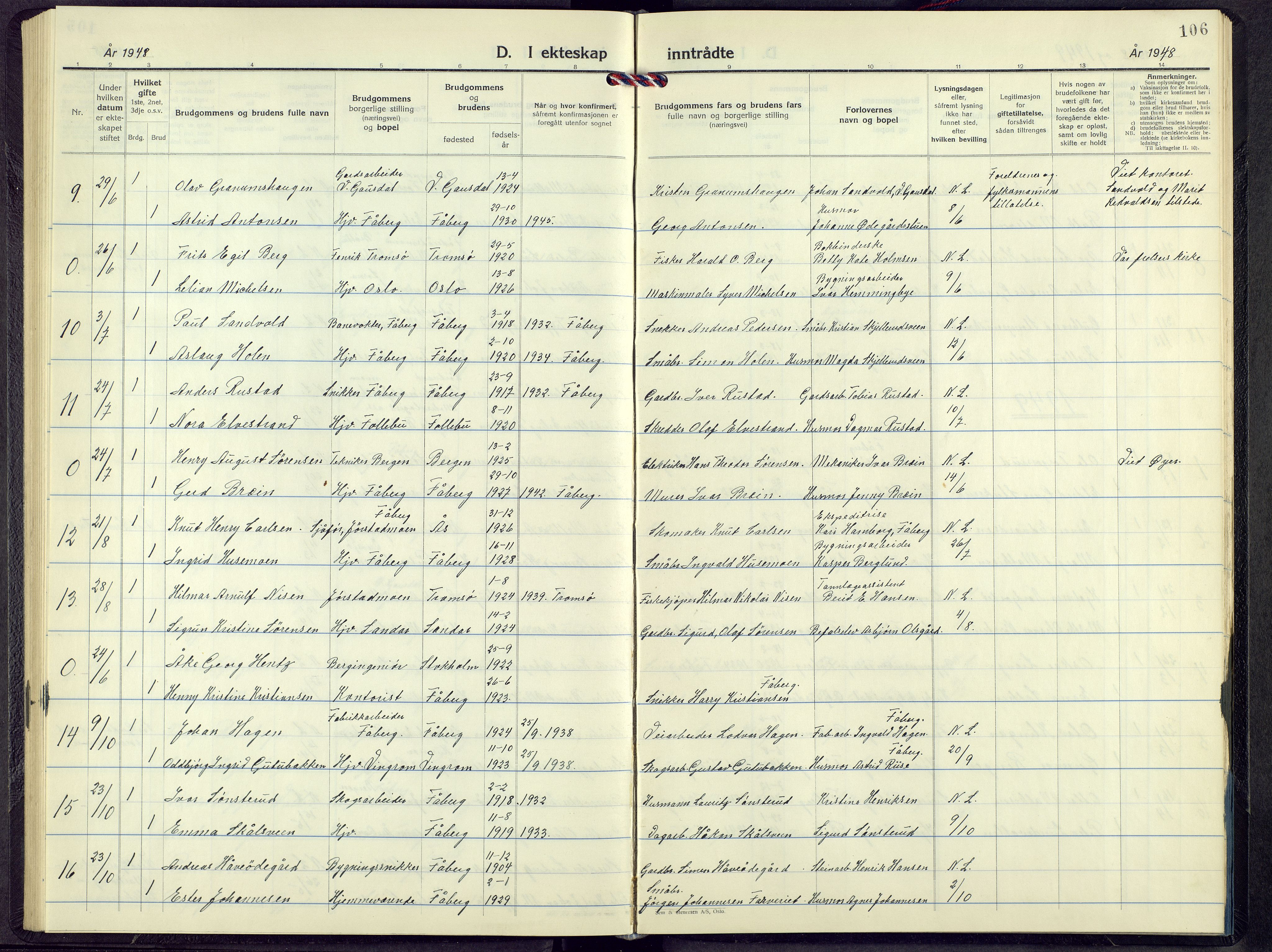 Fåberg prestekontor, AV/SAH-PREST-086/H/Ha/Hab/L0017: Parish register (copy) no. 17, 1946-1970, p. 106