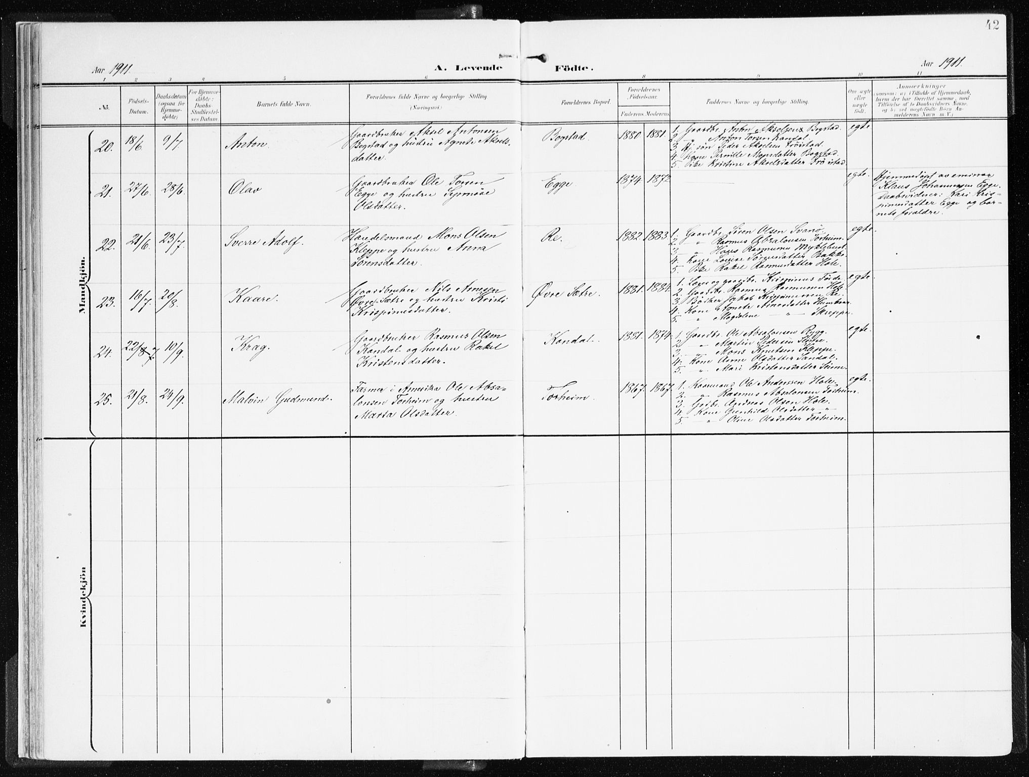 Gloppen sokneprestembete, AV/SAB-A-80101/H/Haa/Haac/L0003: Parish register (official) no. C 3, 1904-1921, p. 42