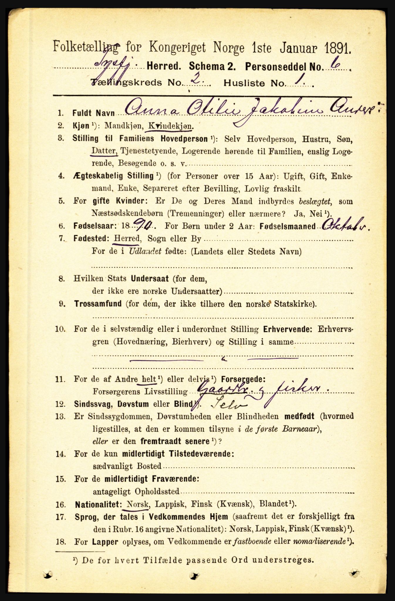 RA, 1891 census for 1850 Tysfjord, 1891, p. 564