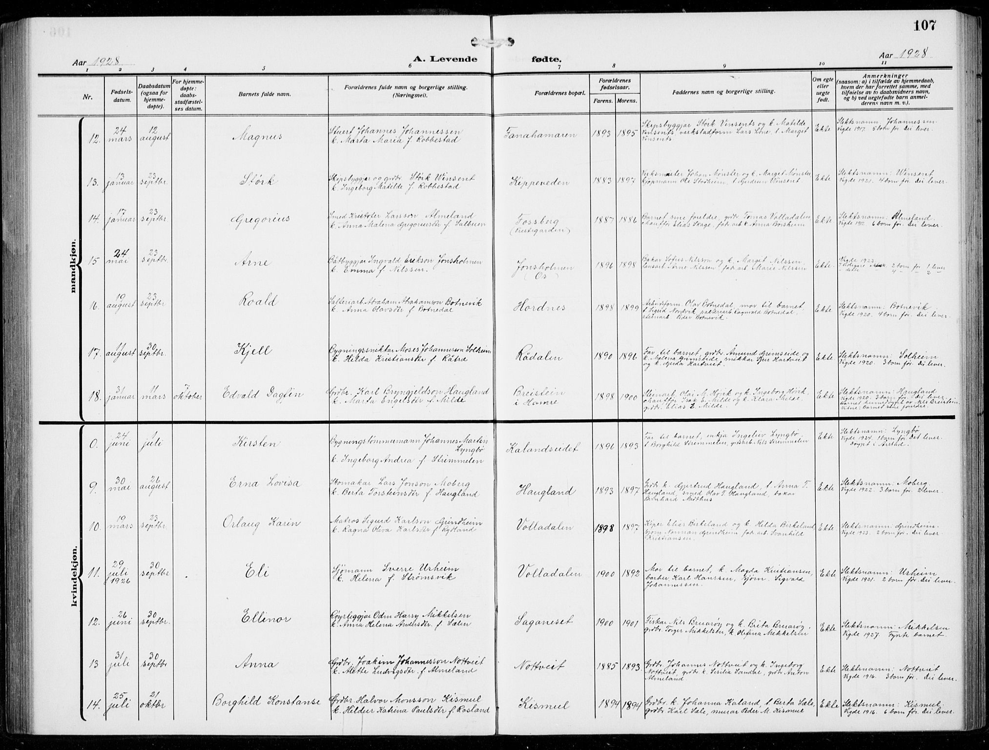 Fana Sokneprestembete, AV/SAB-A-75101/H/Hab/Haba/L0005: Parish register (copy) no. A 5, 1911-1932, p. 107