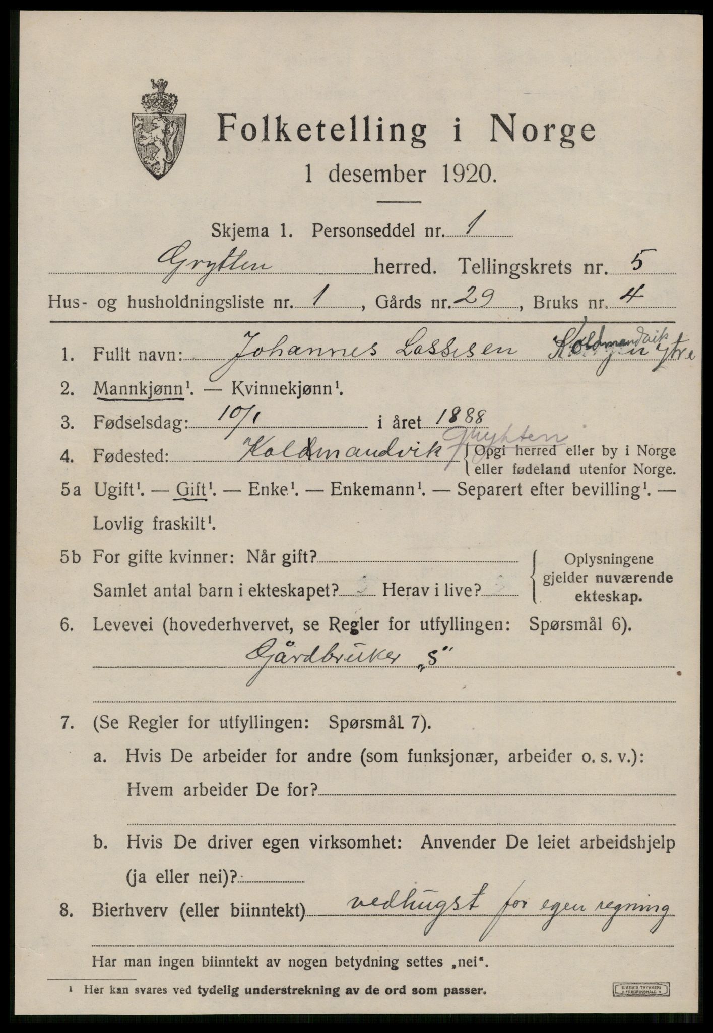 SAT, 1920 census for Grytten, 1920, p. 3914