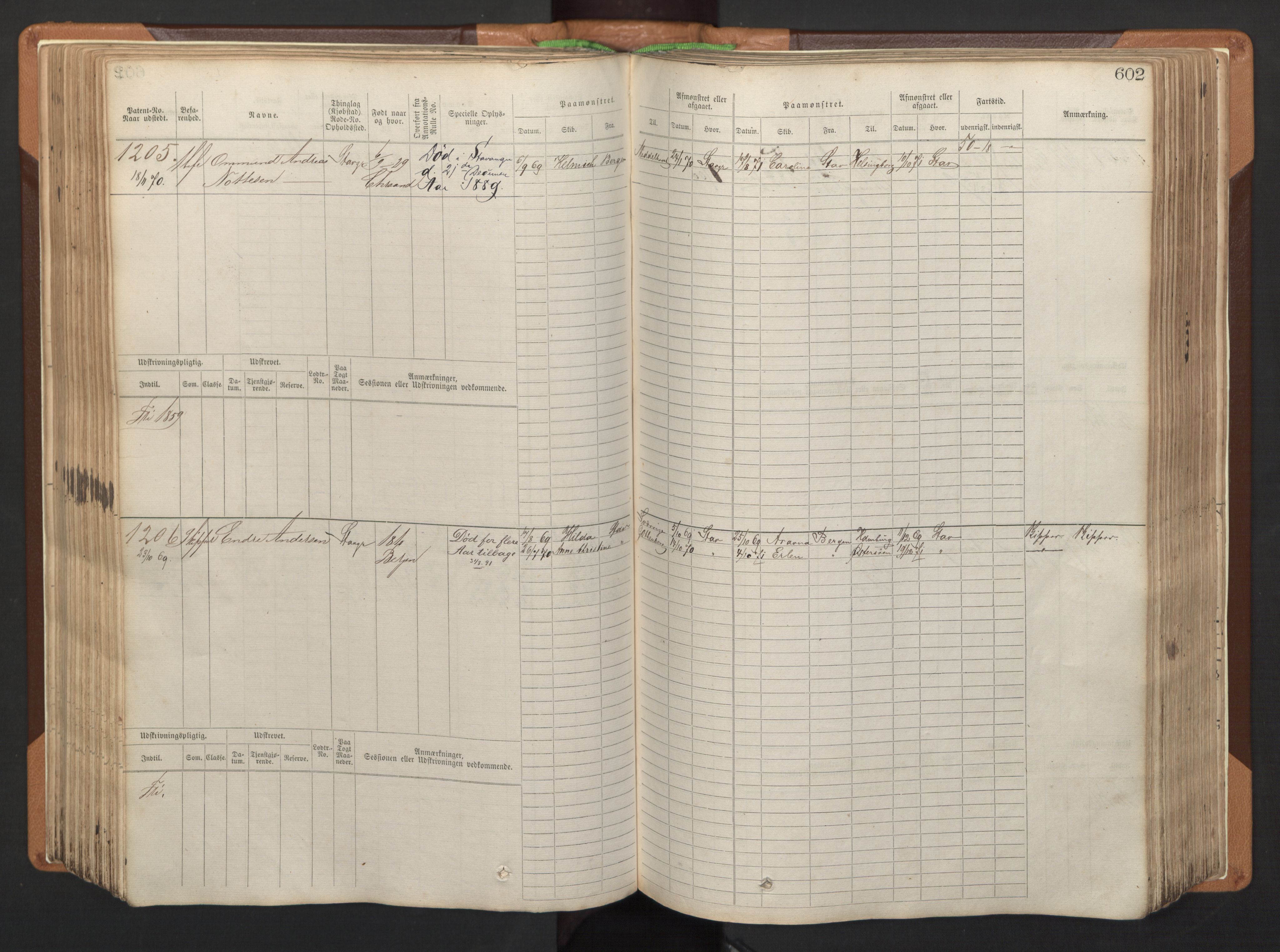 Stavanger sjømannskontor, SAST/A-102006/F/Fb/Fbb/L0005: Sjøfartshovedrulle, patentnr. 793-1606 (del 2), 1869-1880, p. 212