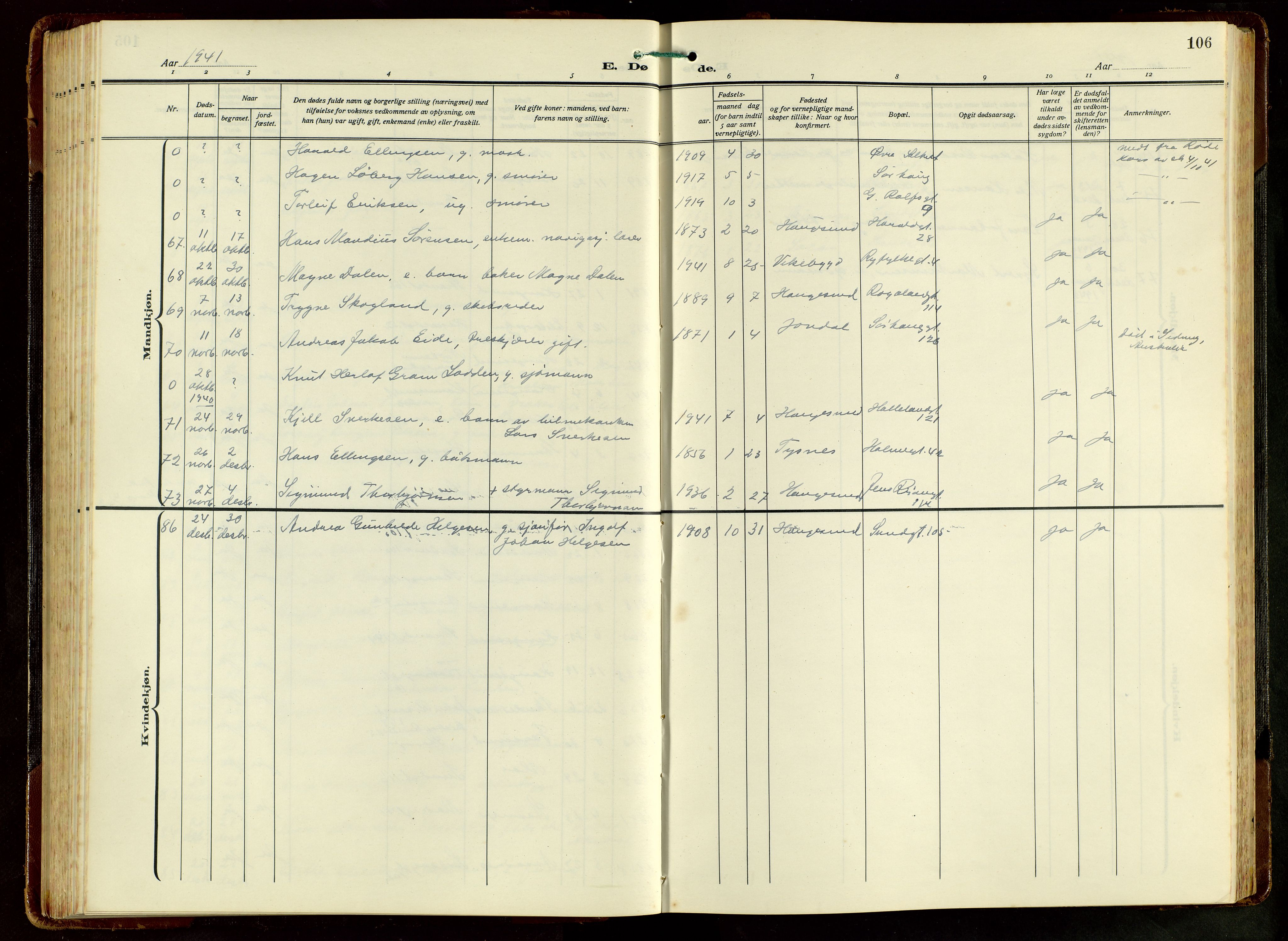 Haugesund sokneprestkontor, AV/SAST-A -101863/H/Ha/Hab/L0012: Parish register (copy) no. B 12, 1930-1958, p. 106